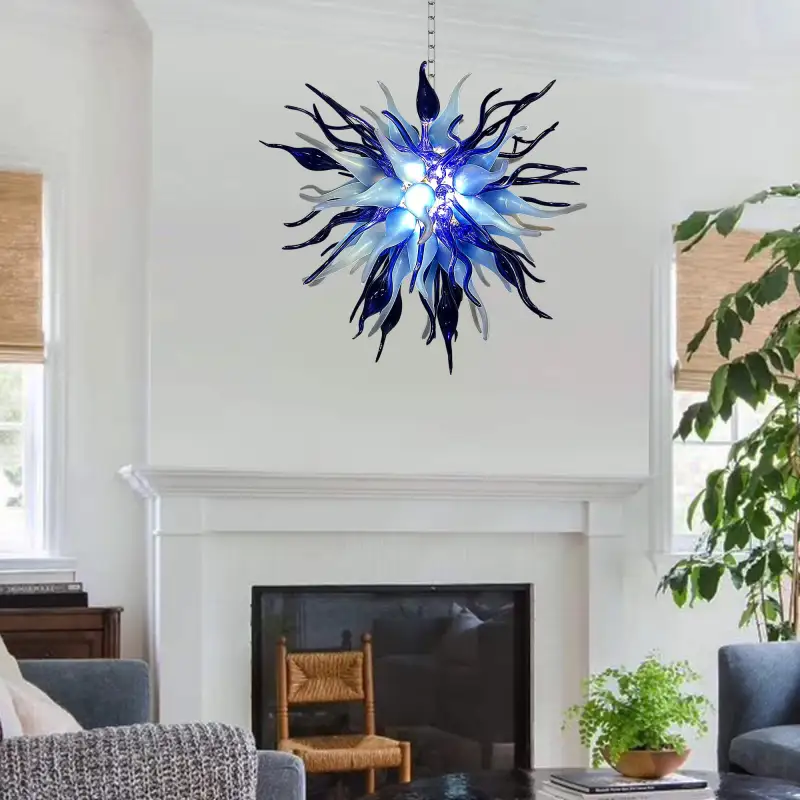 Chihuly Style Chandelier Hand Blown Glass Chandelier (Deep Blue And Frosted White Colors)