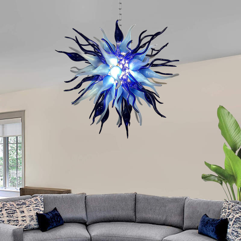 Chihuly Style Chandelier Hand Blown Glass Chandelier (Deep Blue And Frosted White Colors)