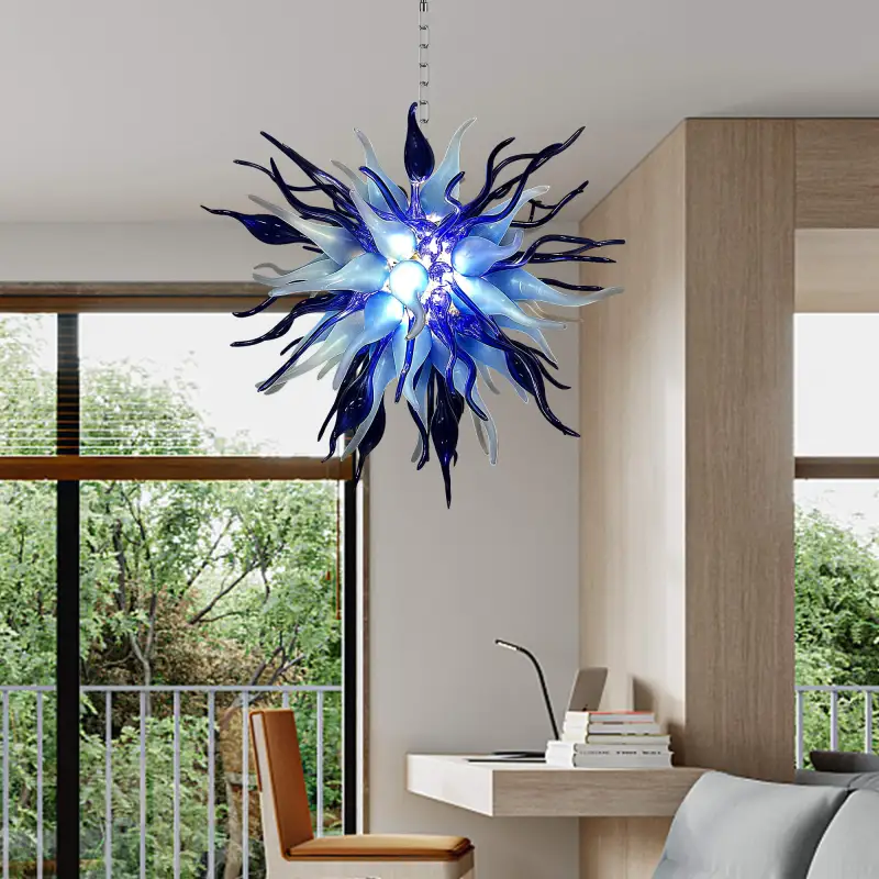 Chihuly Style Chandelier Hand Blown Glass Chandelier (Deep Blue And Frosted White Colors)