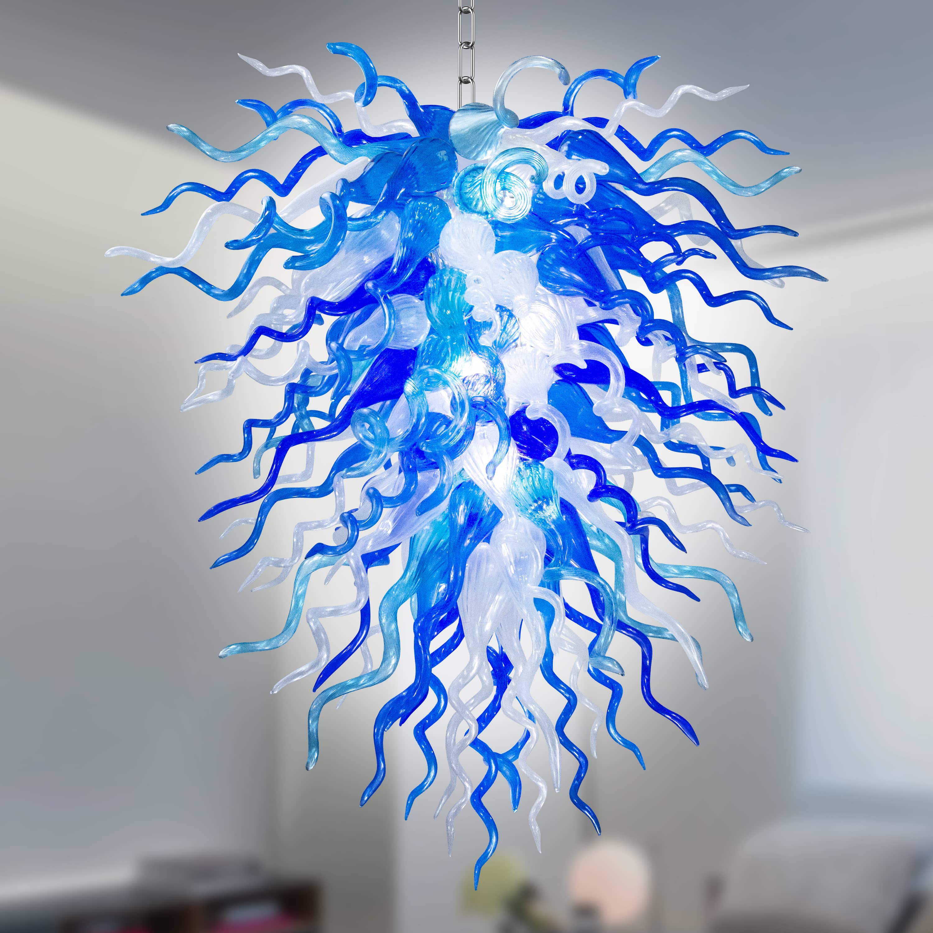 Long Chihuly Style Chandelier Hand Blown Glass Chandelier (Blue And Clear White)