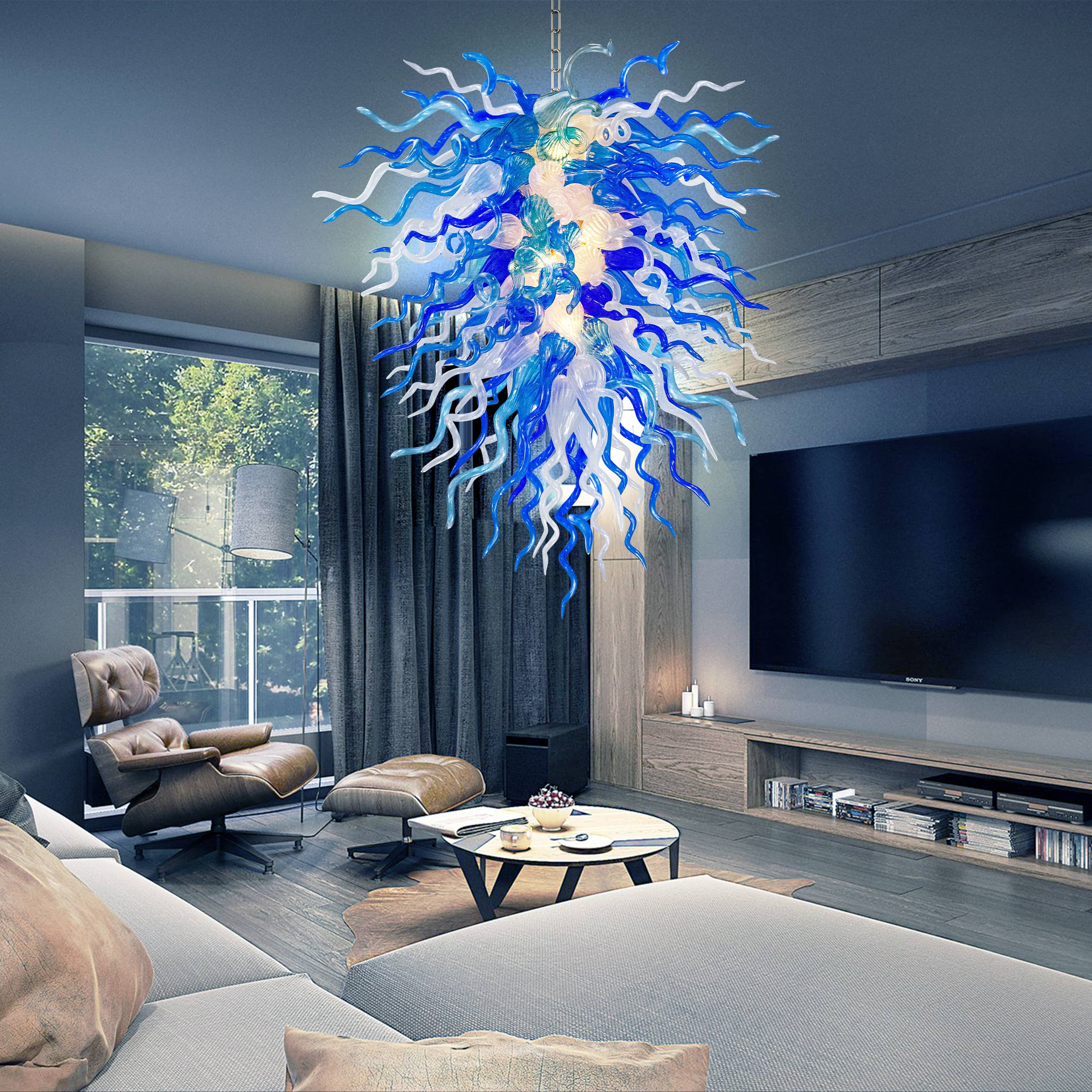 Long Chihuly Style Chandelier Hand Blown Glass Chandelier (Blue And Clear White)