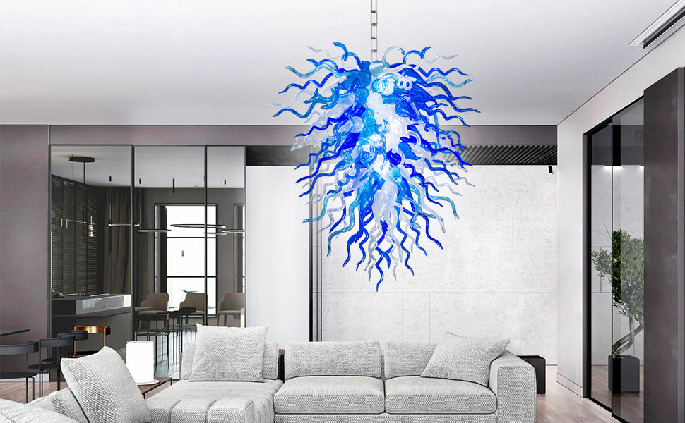 Long Chihuly Style Chandelier Hand Blown Glass Chandelier (Blue And Clear White)