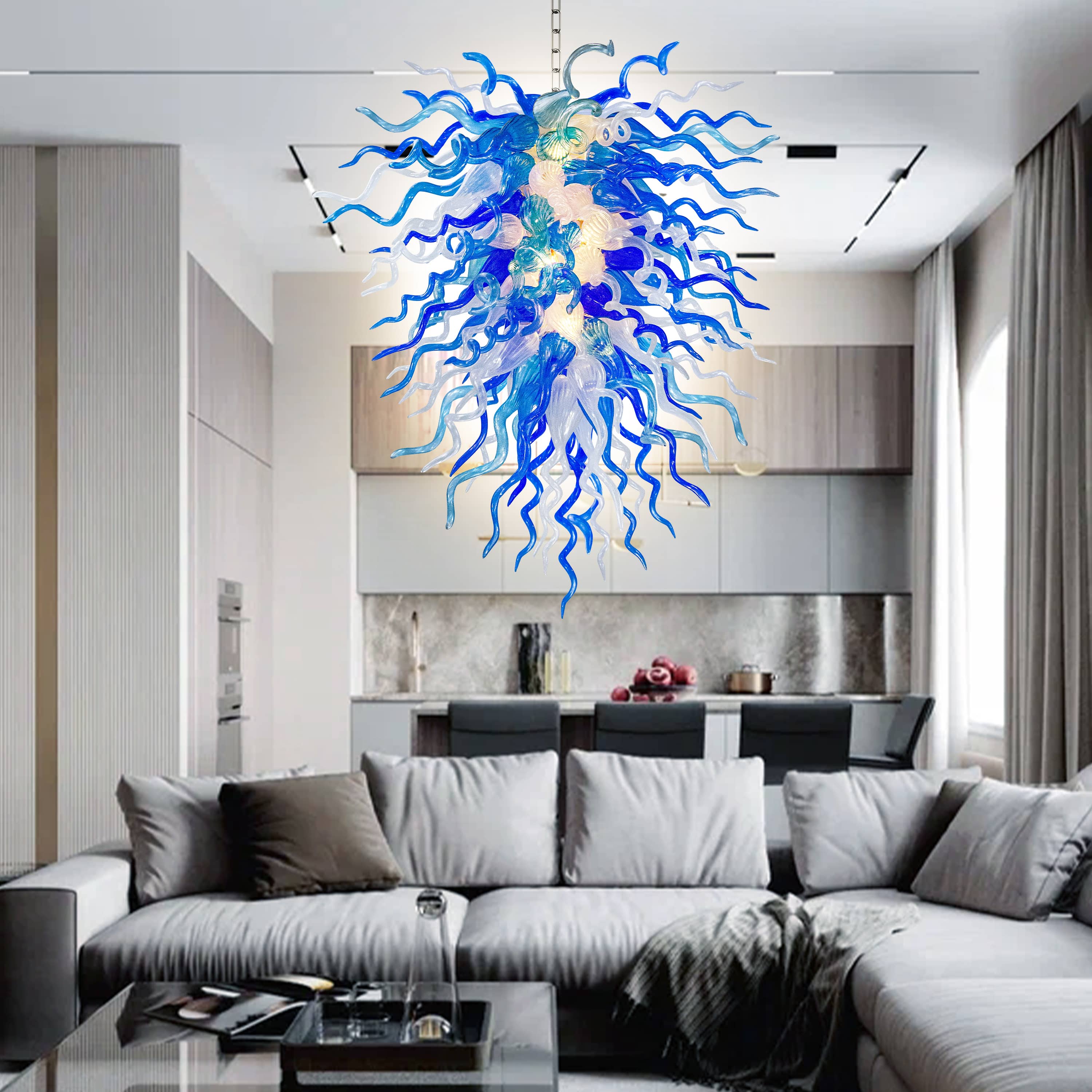 Long Chihuly Style Chandelier Hand Blown Glass Chandelier (Blue And Clear White)