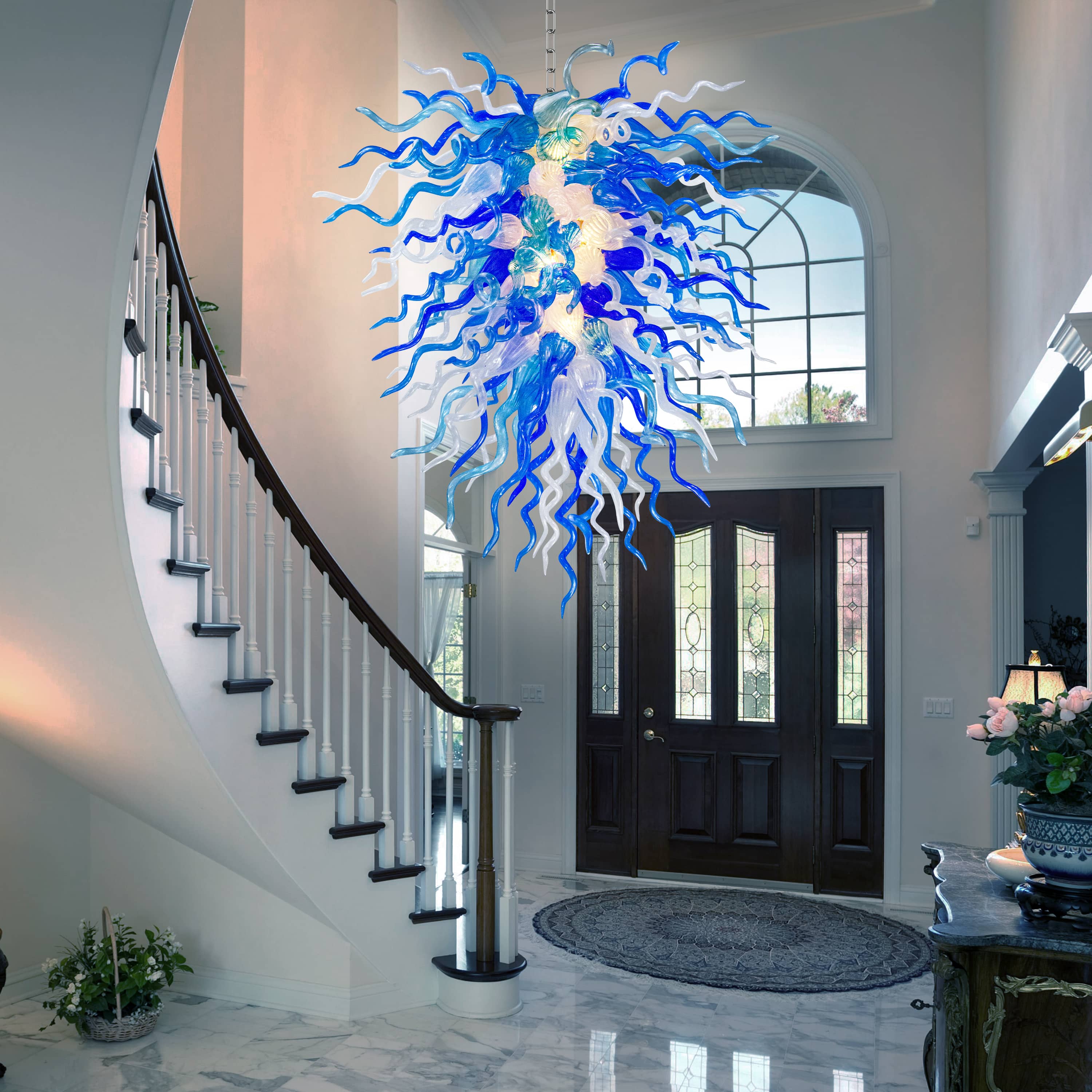 Long Chihuly Style Chandelier Hand Blown Glass Chandelier (Blue And Clear White)