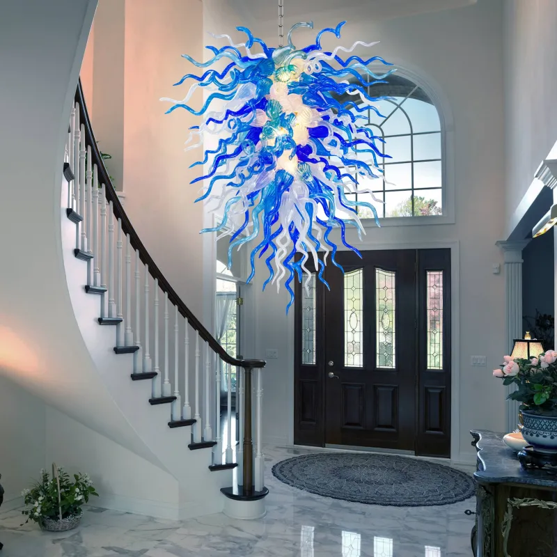 Long Chihuly Style Chandelier Hand Blown Glass Chandelier (Blue And Clear White)