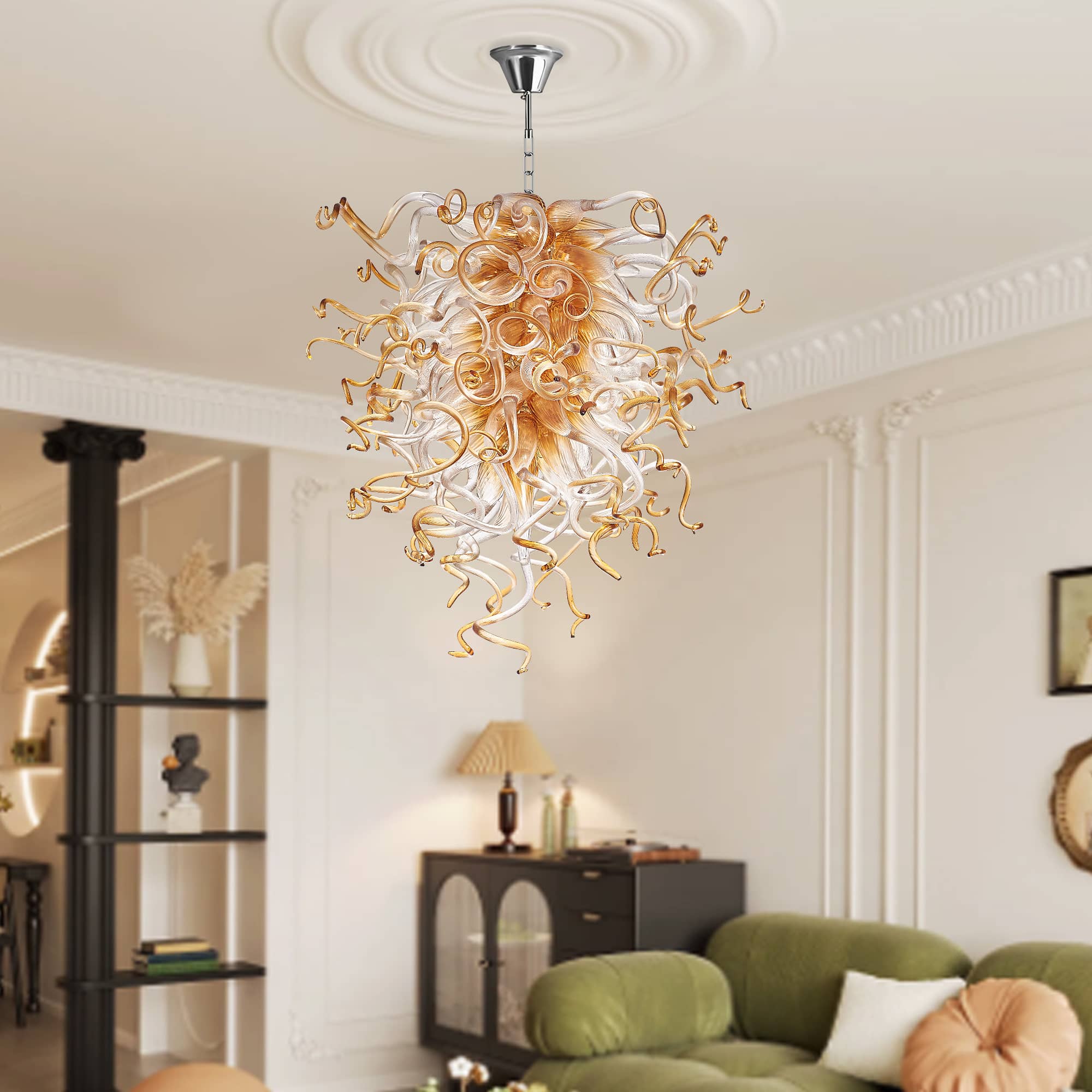 Murano Glass Light Pendant  Chihuly Style Chandelier (Amber With Clear)