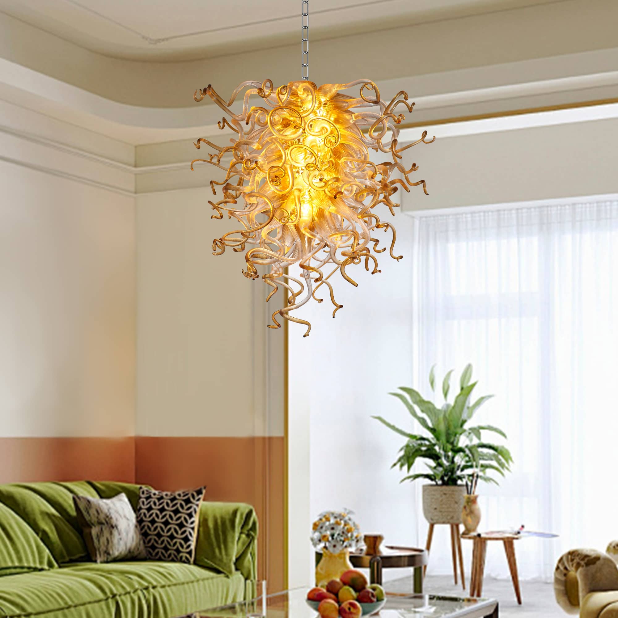 Murano Glass Light Pendant  Chihuly Style Chandelier (Amber With Clear)