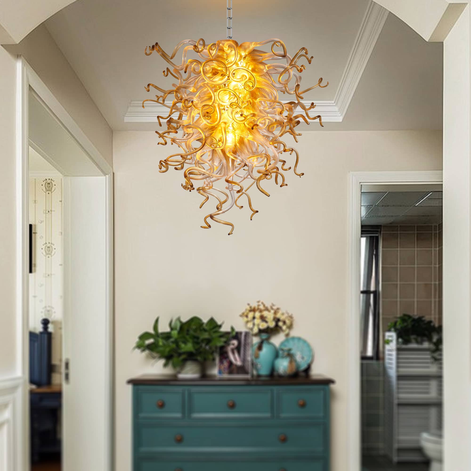 Murano Glass Light Pendant  Chihuly Style Chandelier (Amber With Clear)