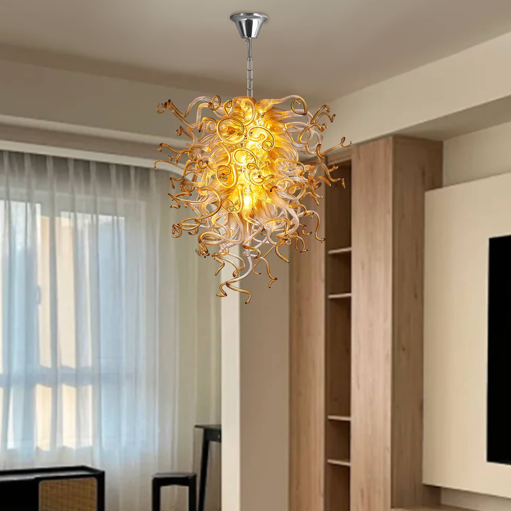Murano Glass Light Pendant  Chihuly Style Chandelier (Amber With Clear)
