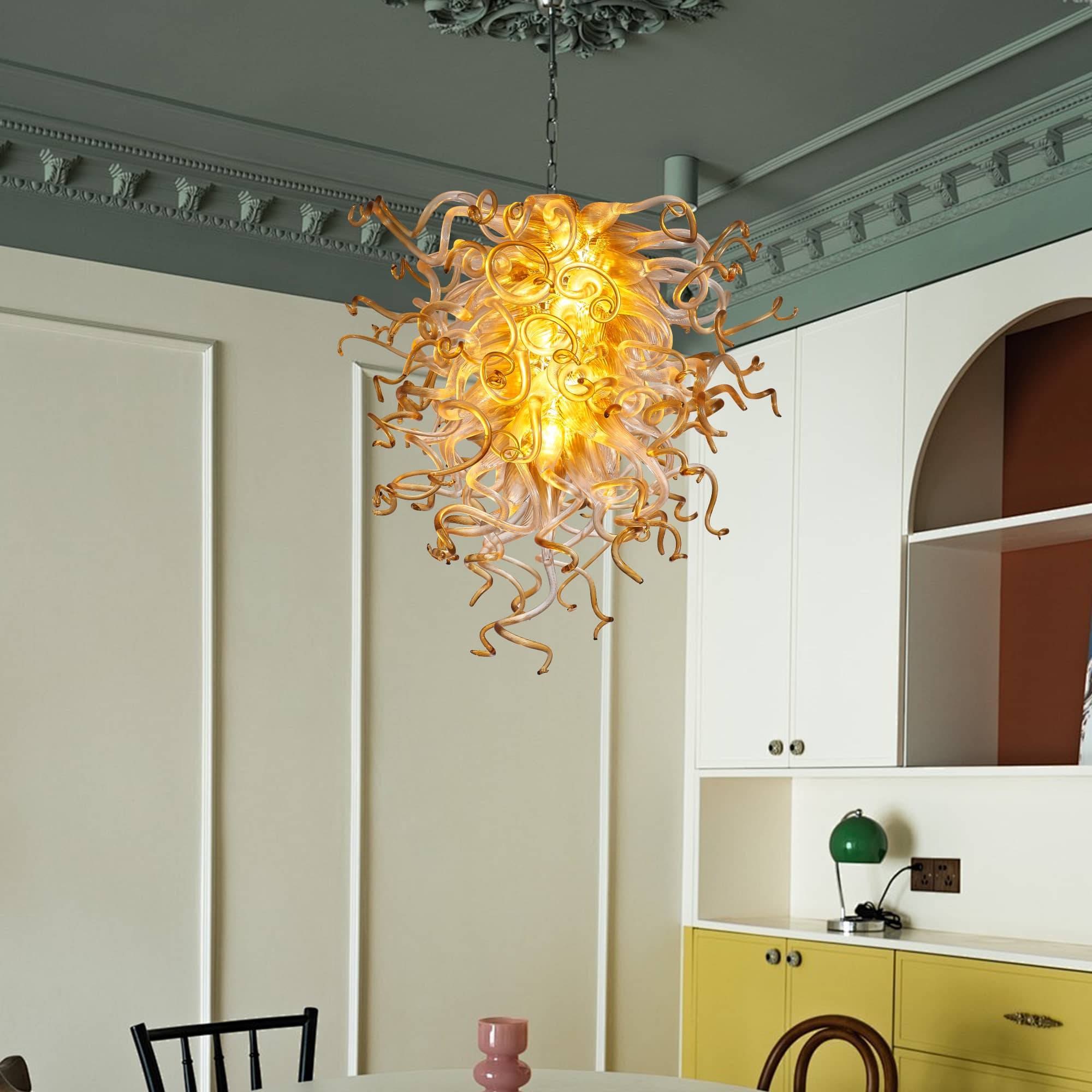 Murano Glass Light Pendant  Chihuly Style Chandelier (Amber With Clear)