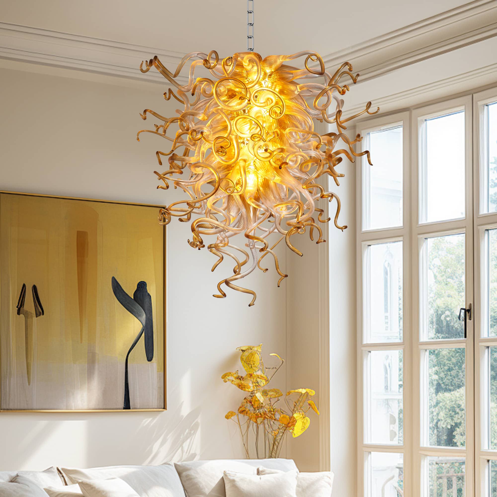 Murano Glass Light Pendant  Chihuly Style Chandelier (Amber With Clear)
