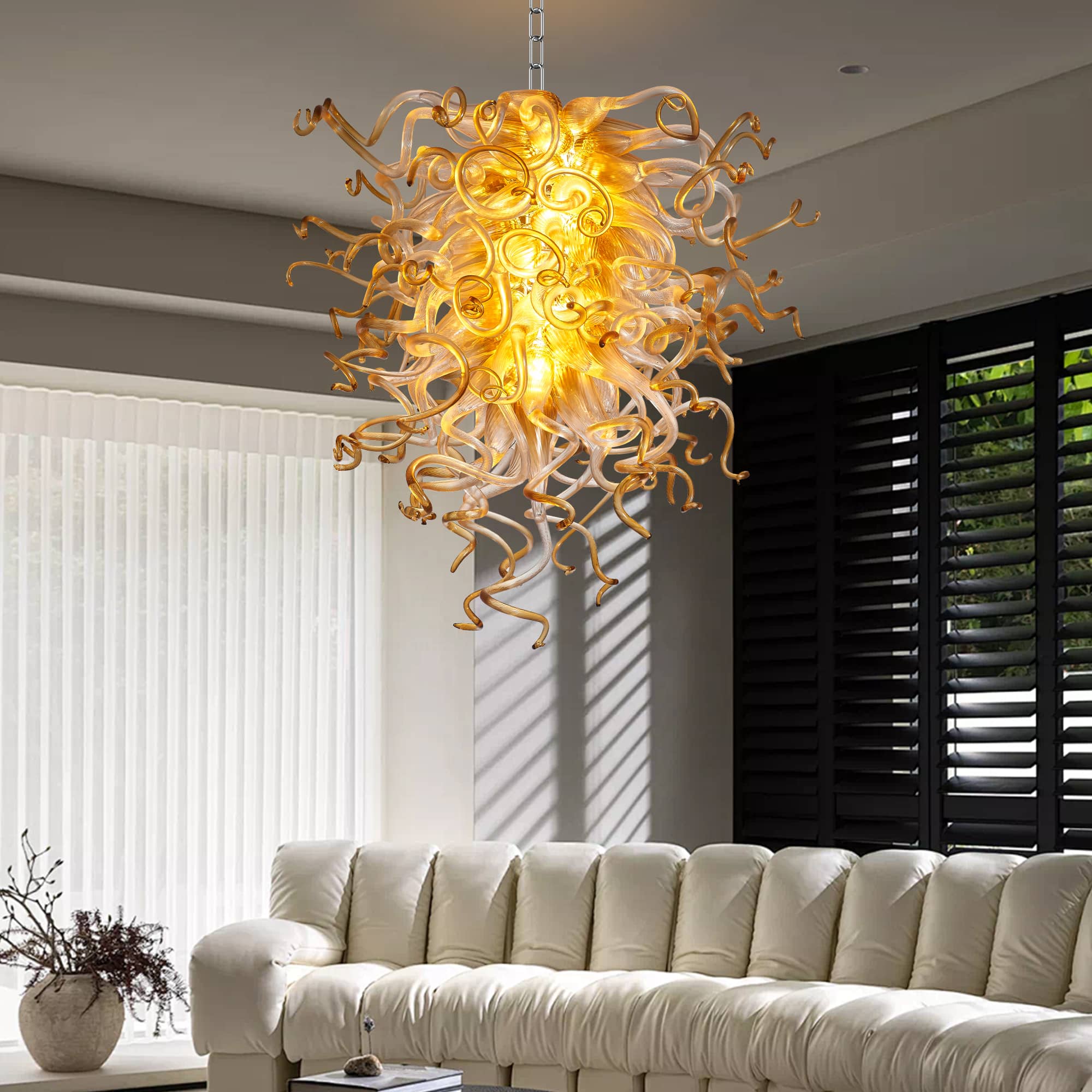 Murano Glass Light Pendant  Chihuly Style Chandelier (Amber With Clear)