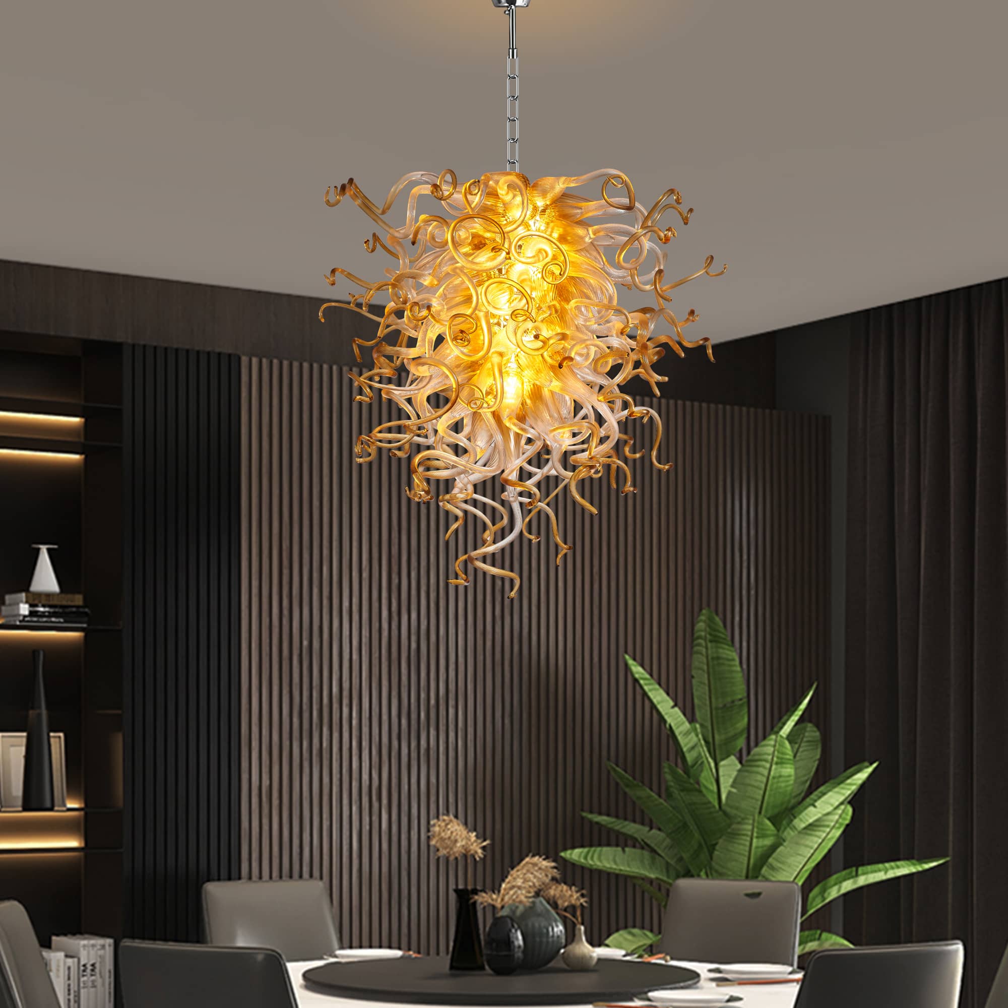 Murano Glass Light Pendant  Chihuly Style Chandelier (Amber With Clear)