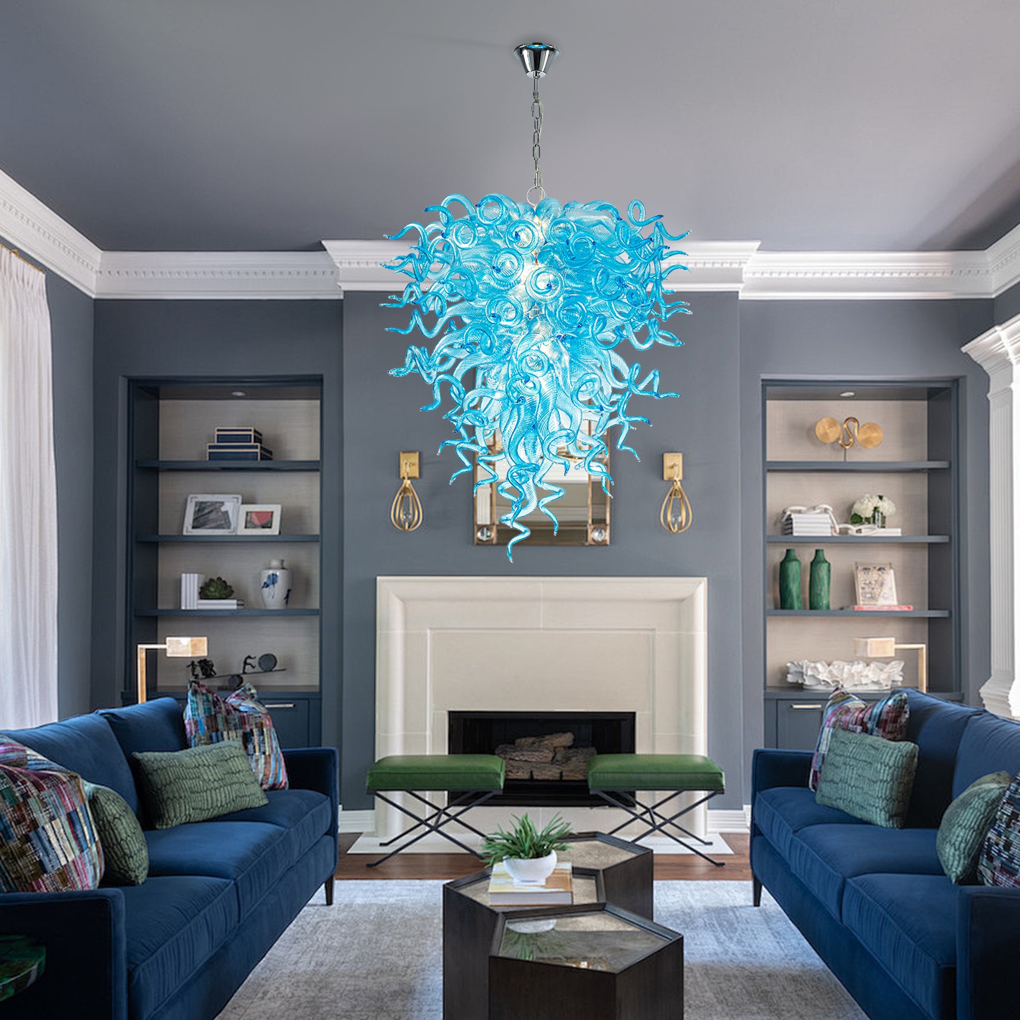 Murano Glass Light Pendant Chihuly Style Chandelier (Light Blue)