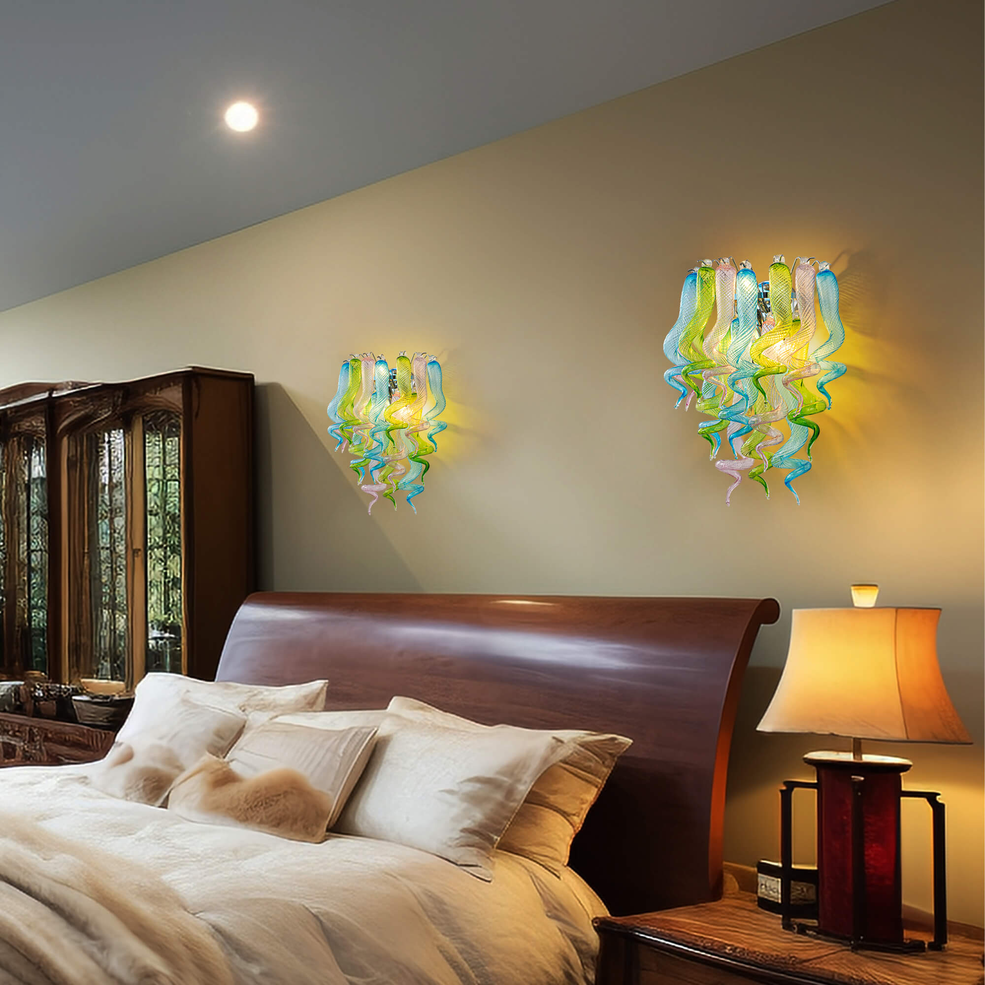 Stained Glass Sconce Chihuly Style Murano Glass (Blue Green Pink) 