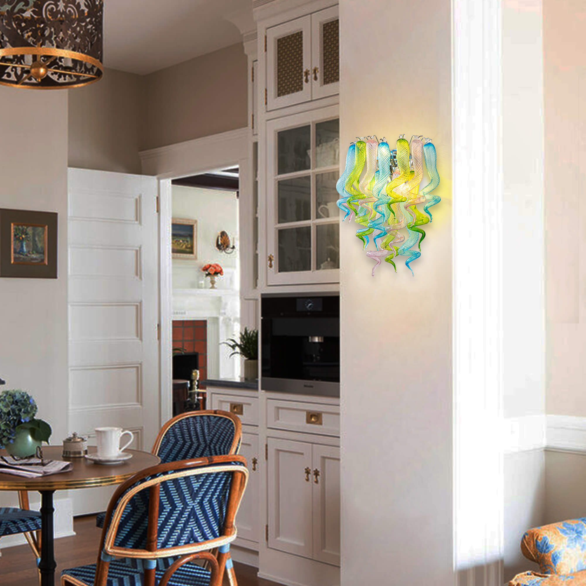 Stained Glass Sconce Chihuly Style Murano Glass (Blue Green Pink) 