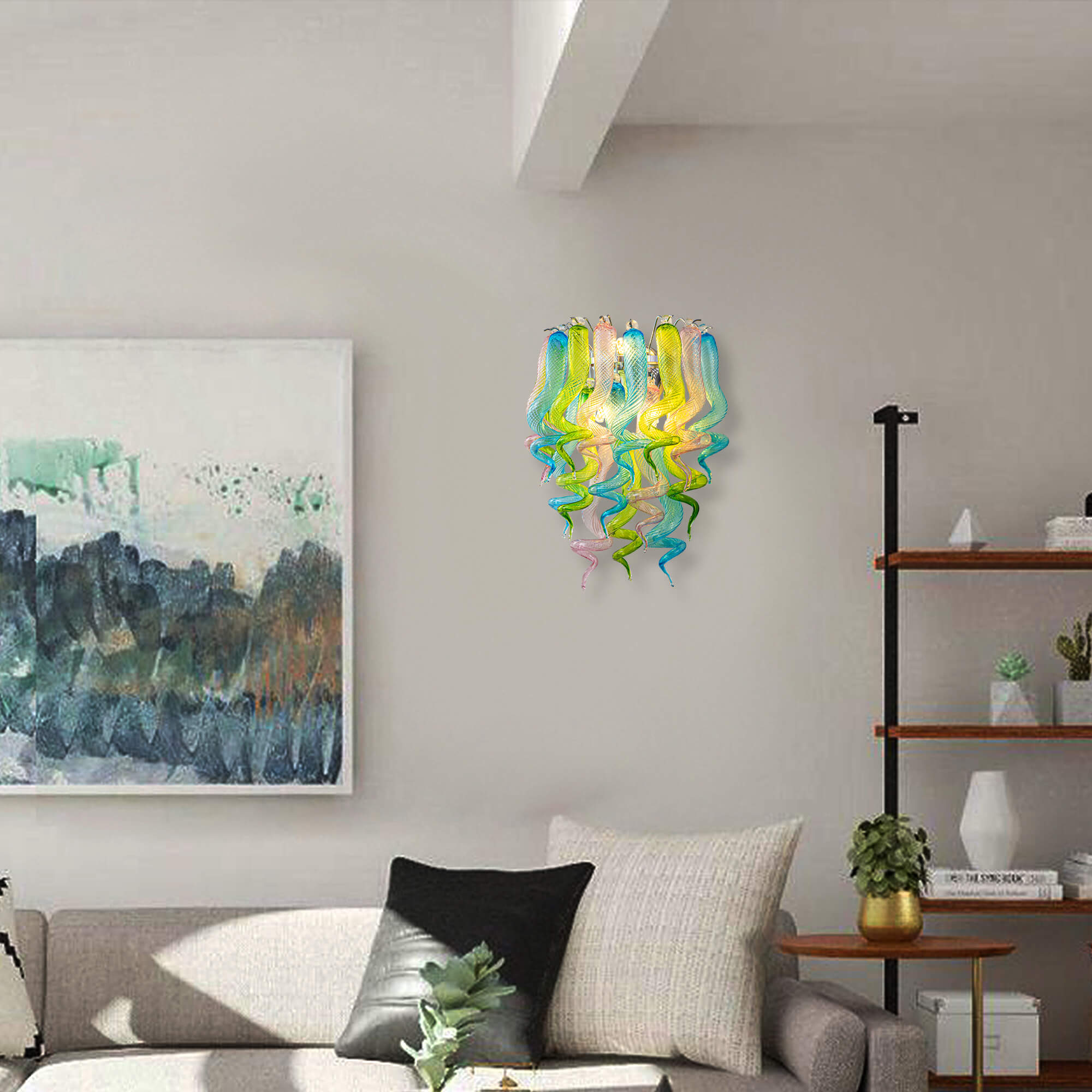 Stained Glass Sconce Chihuly Style Murano Glass (Blue Green Pink) 