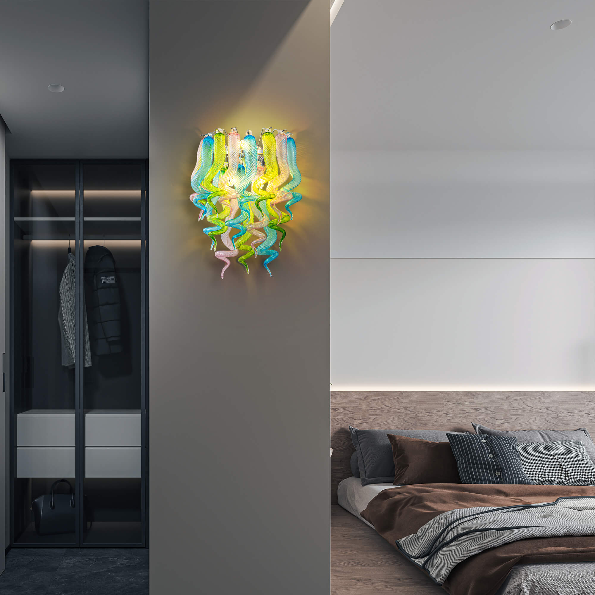 Stained Glass Sconce Chihuly Style Murano Glass (Blue Green Pink) 