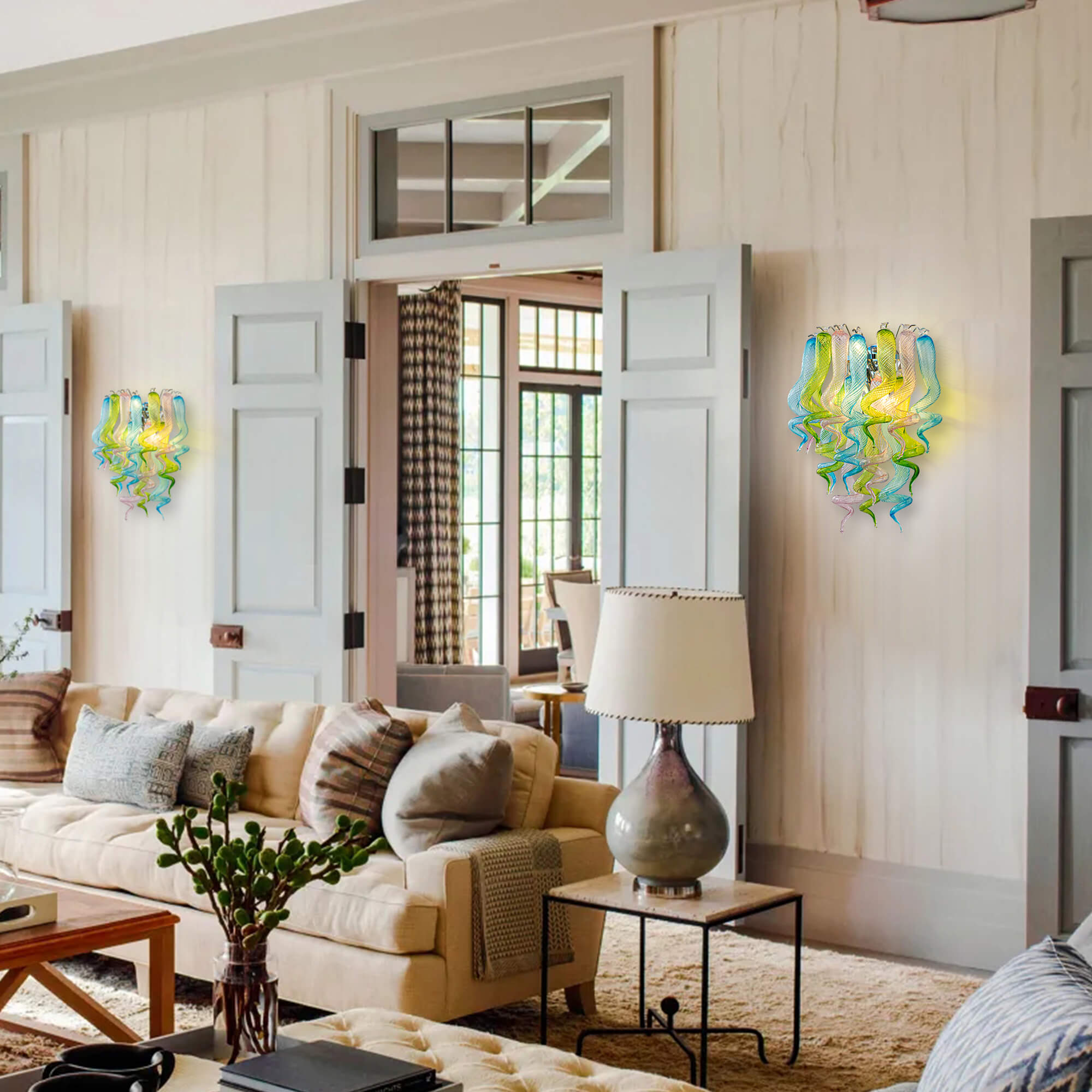 Stained Glass Sconce Chihuly Style Murano Glass (Blue Green Pink) 