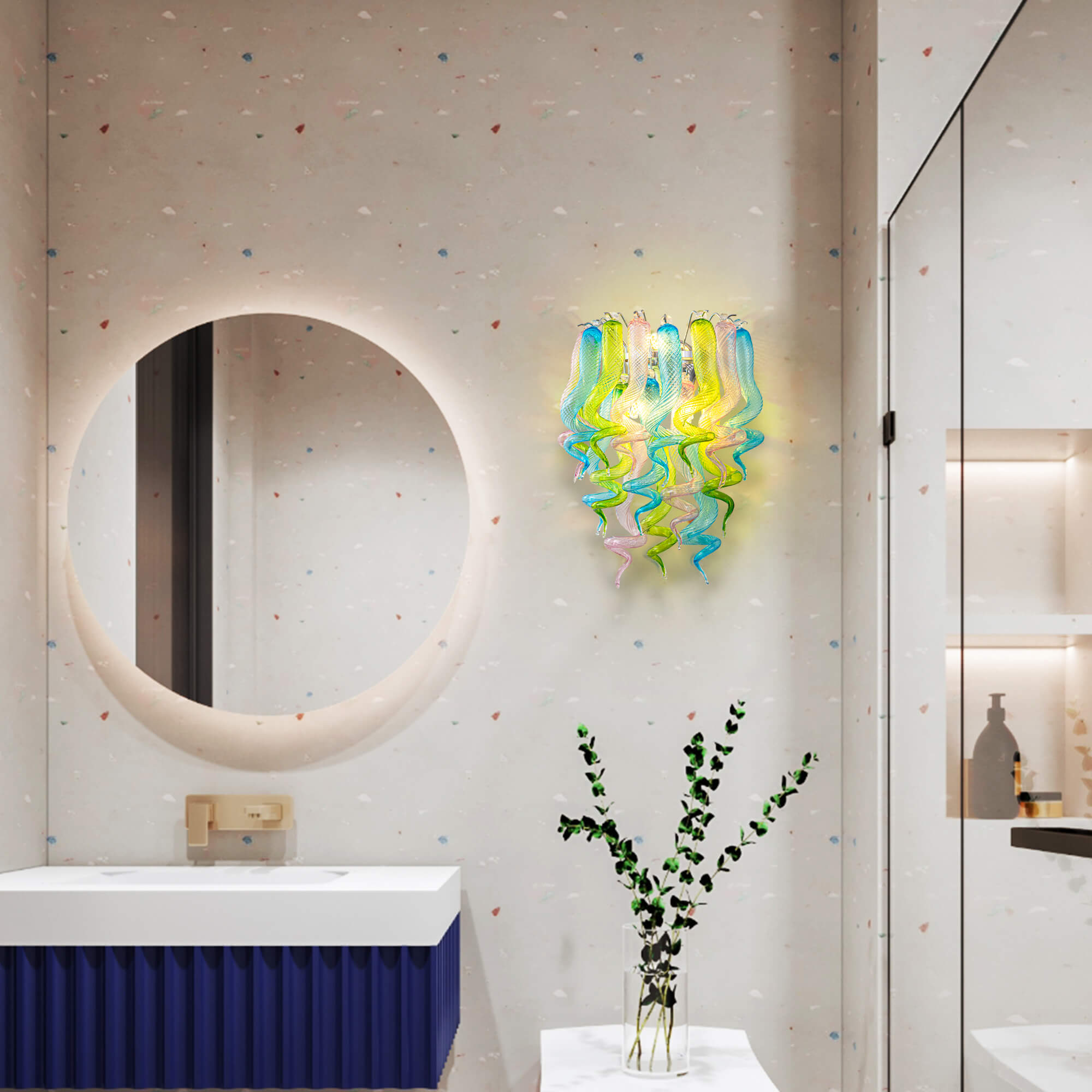 Stained Glass Sconce Chihuly Style Murano Glass (Blue Green Pink) 