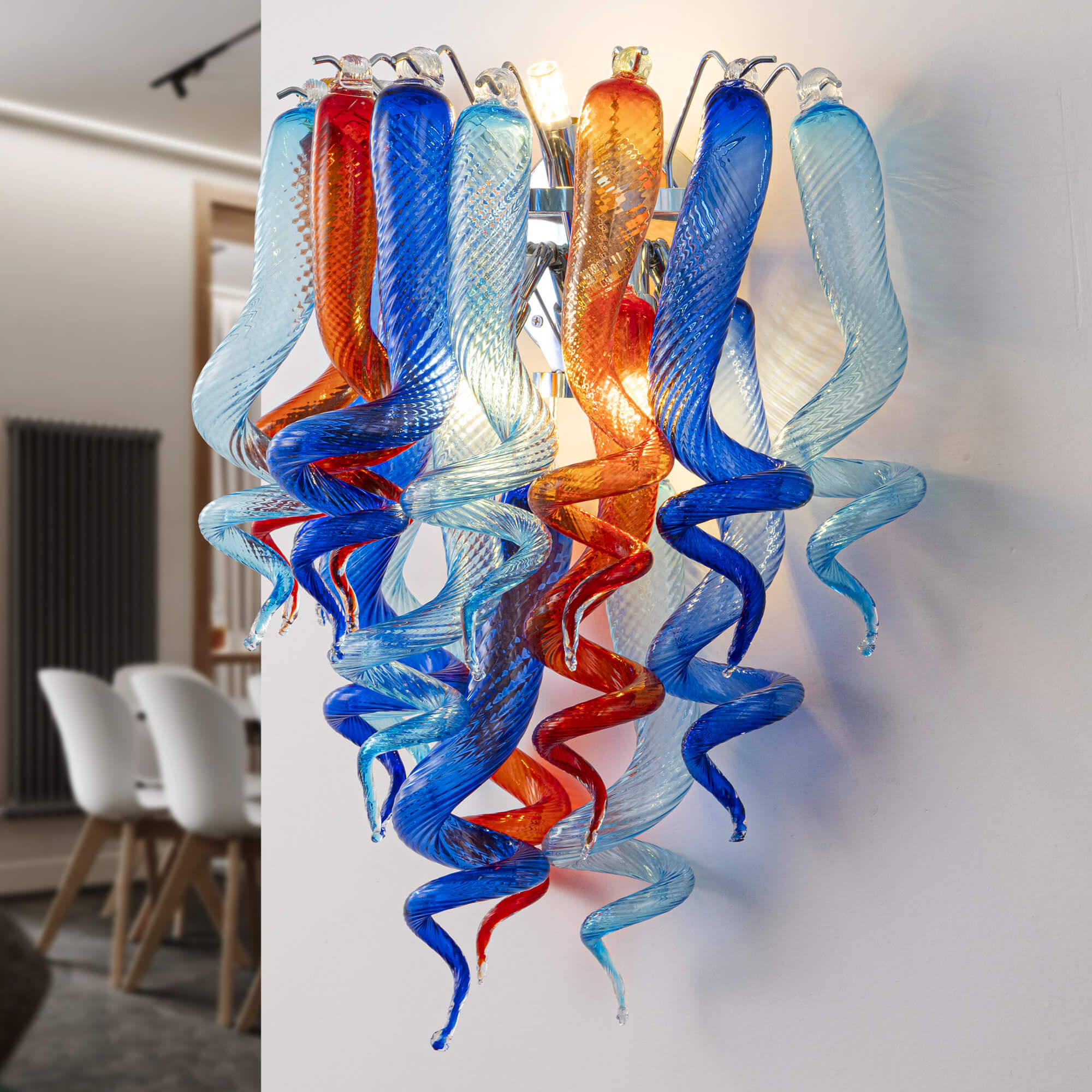 Stained Glass Sconce Chihuly Style Murano Glass (Dark Blue Light Blue Orange)