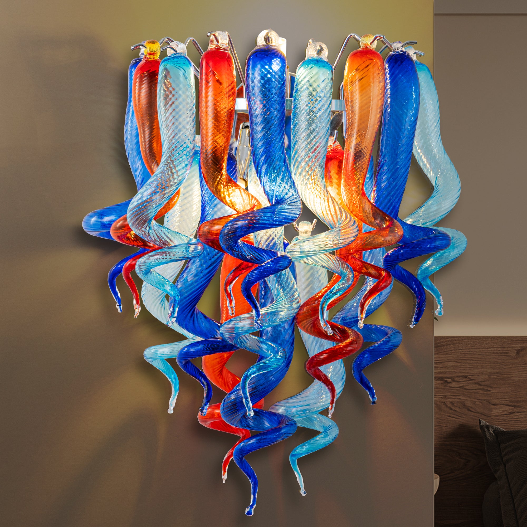 Stained Glass Sconce Chihuly Style Murano Glass (Dark Blue Light Blue Orange)