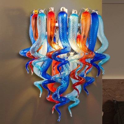 Stained Glass Sconce Chihuly Style Murano Glass (Dark Blue Light Blue Orange) 02