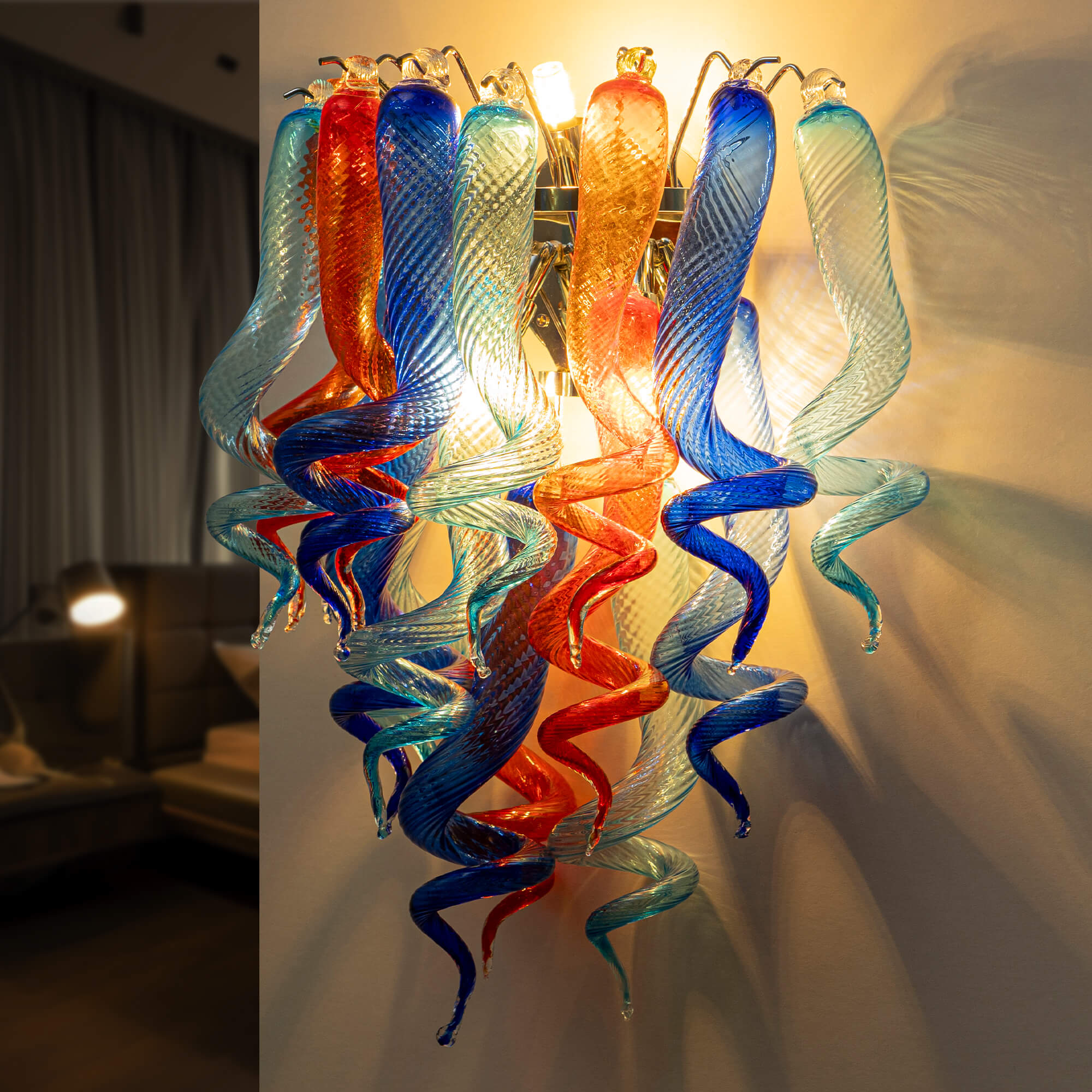 Stained Glass Sconce Chihuly Style Murano Glass (Dark Blue Light Blue Orange)