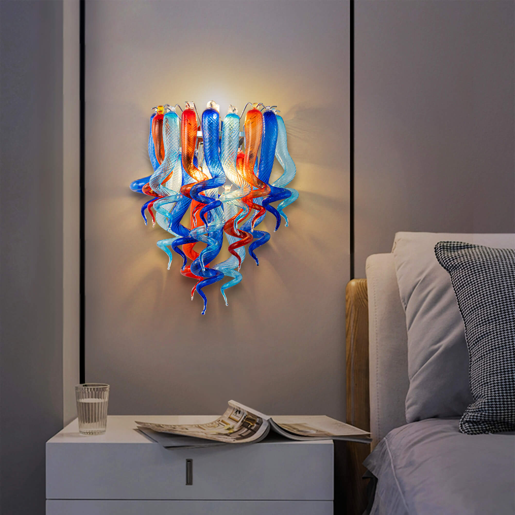 Stained Glass Sconce Chihuly Style Murano Glass (Dark Blue Light Blue Orange)