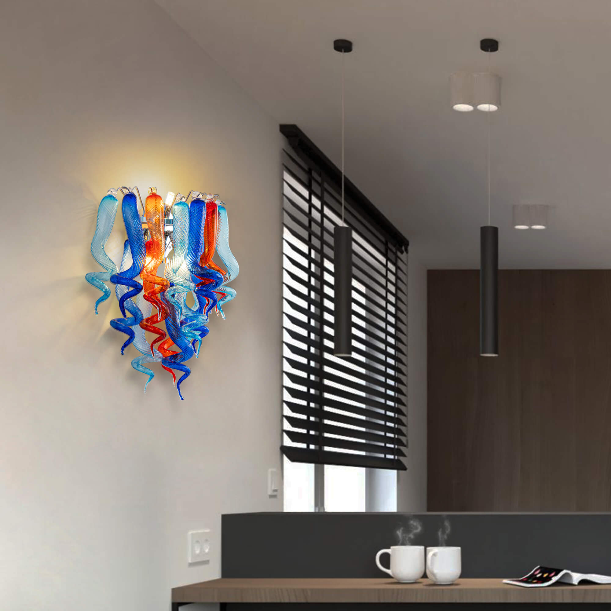 Stained Glass Sconce Chihuly Style Murano Glass (Dark Blue Light Blue Orange)