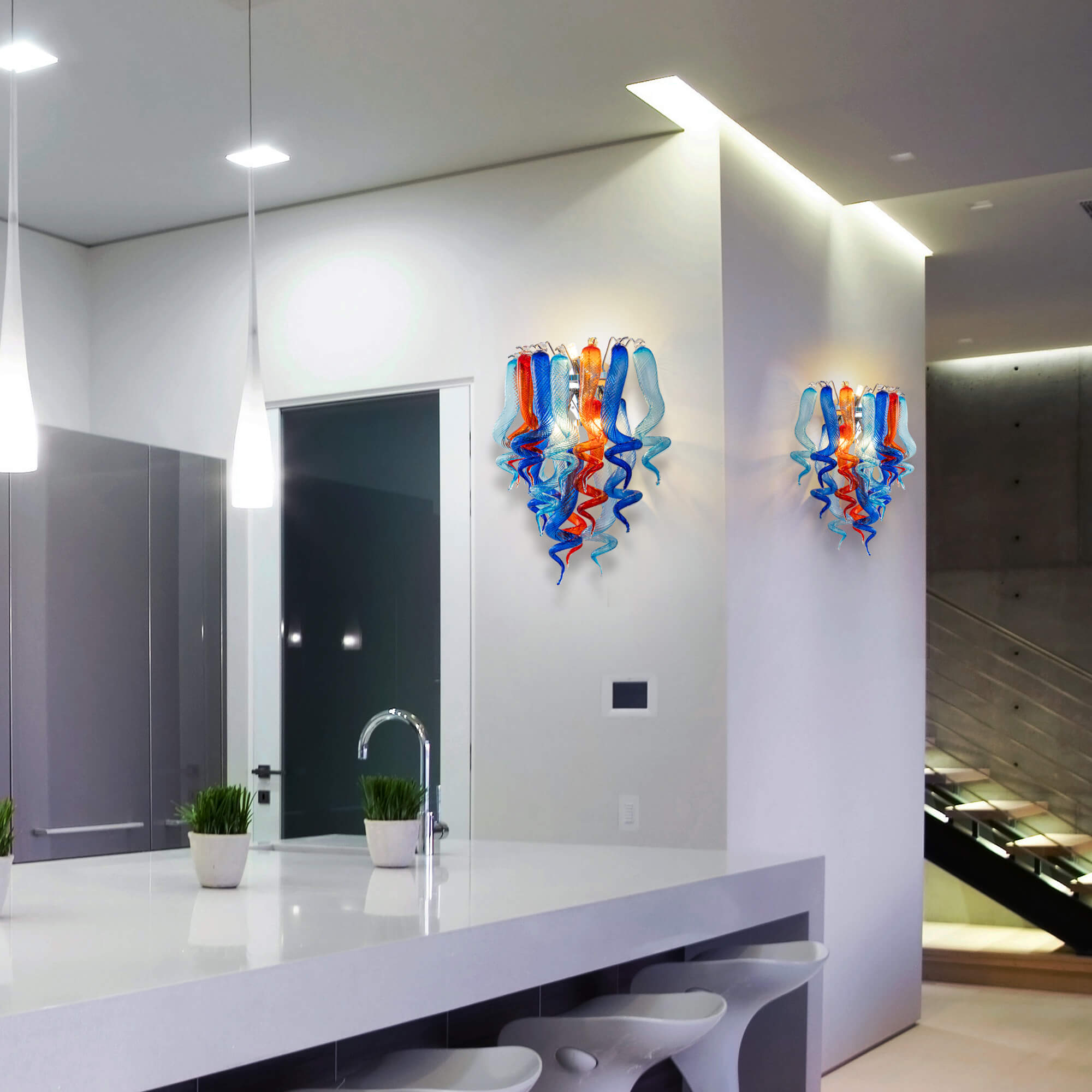 Stained Glass Sconce Chihuly Style Murano Glass (Dark Blue Light Blue Orange)