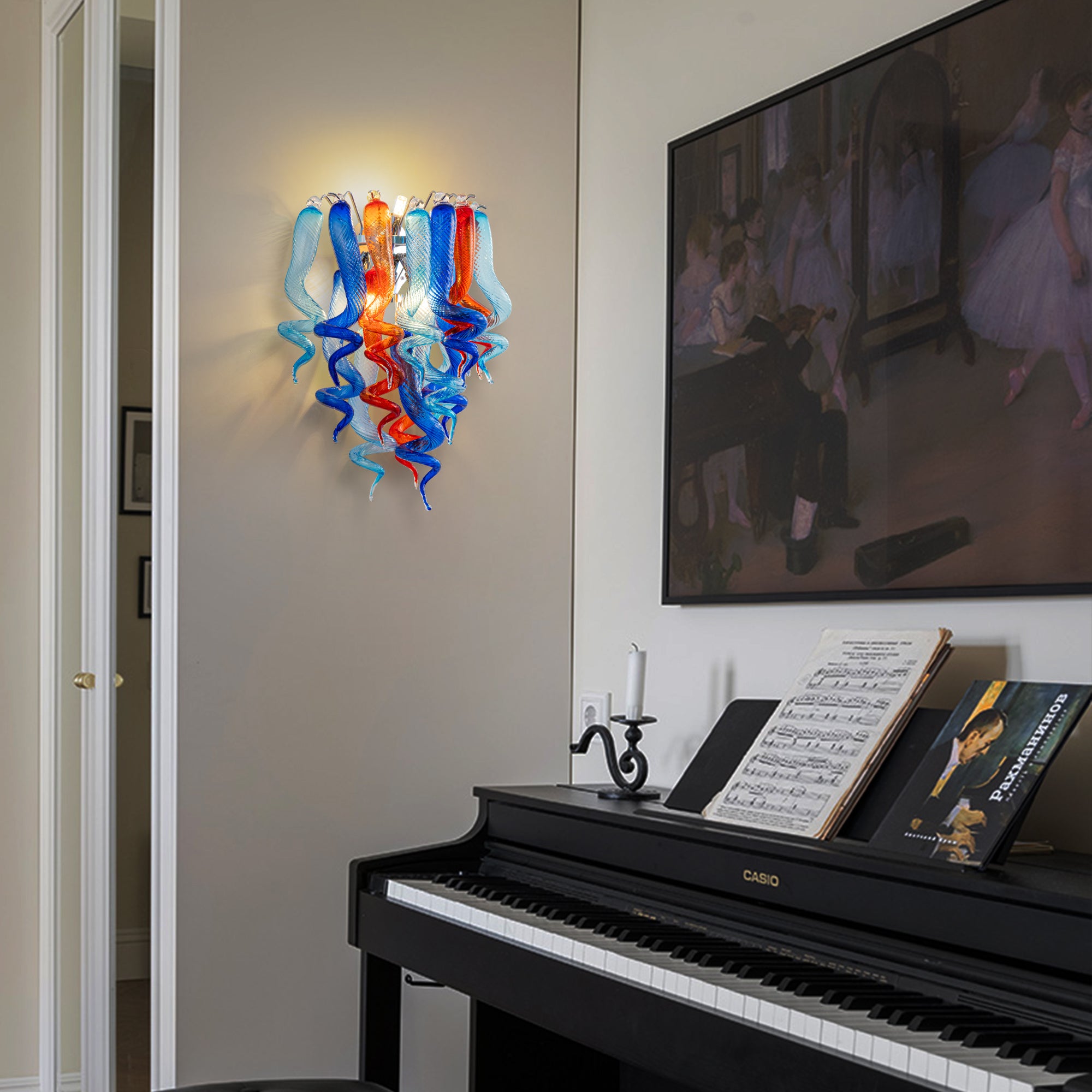 Stained Glass Sconce Chihuly Style Murano Glass (Dark Blue Light Blue Orange)