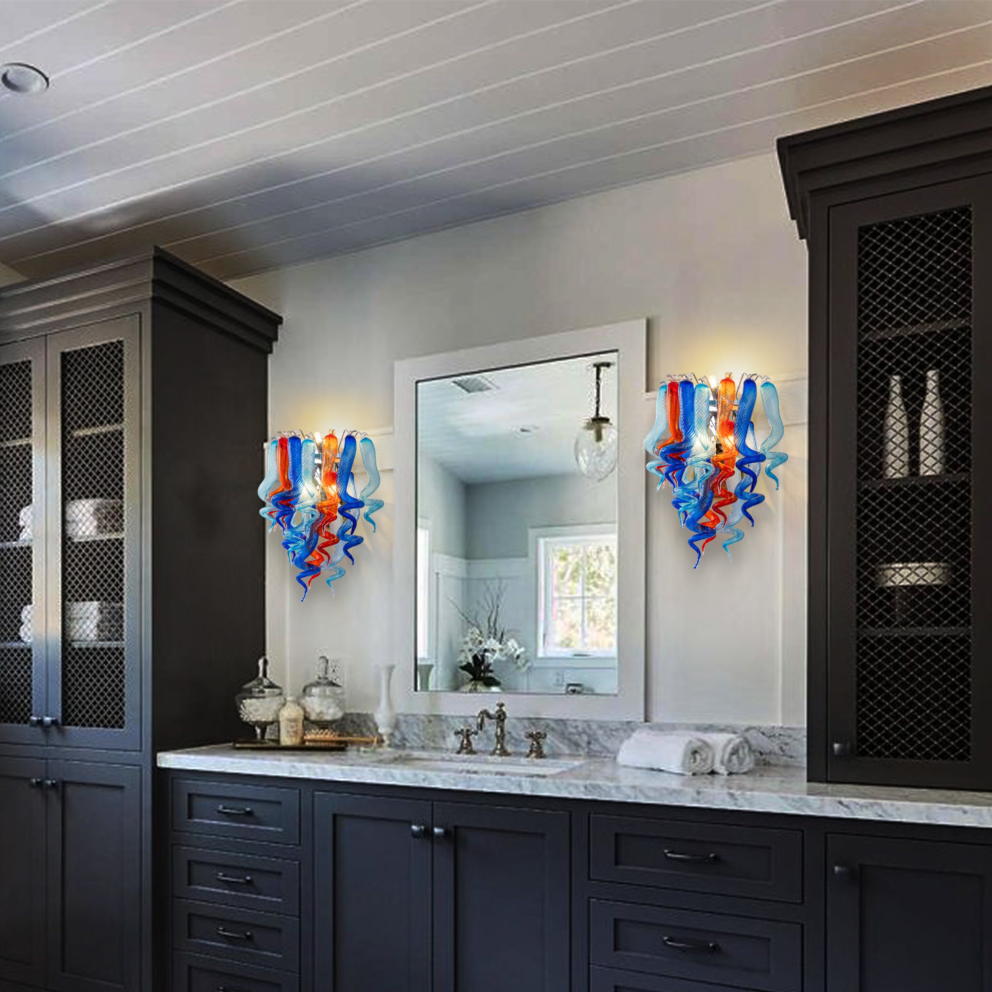 Stained Glass Sconce Chihuly Style Murano Glass (Dark Blue Light Blue Orange)