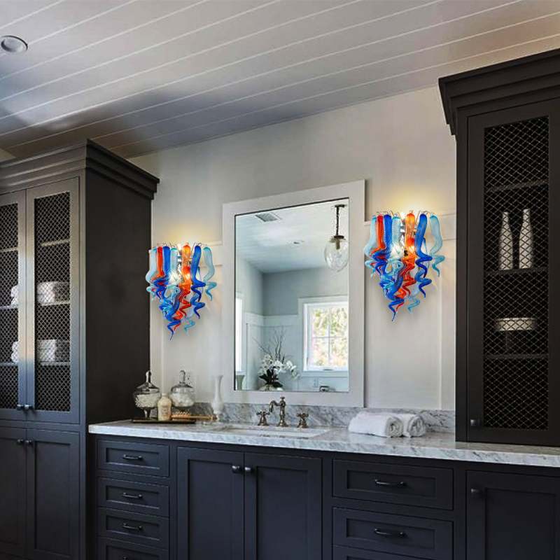 Stained Glass Sconce Chihuly Style Murano Glass (Dark Blue Light Blue Orange)