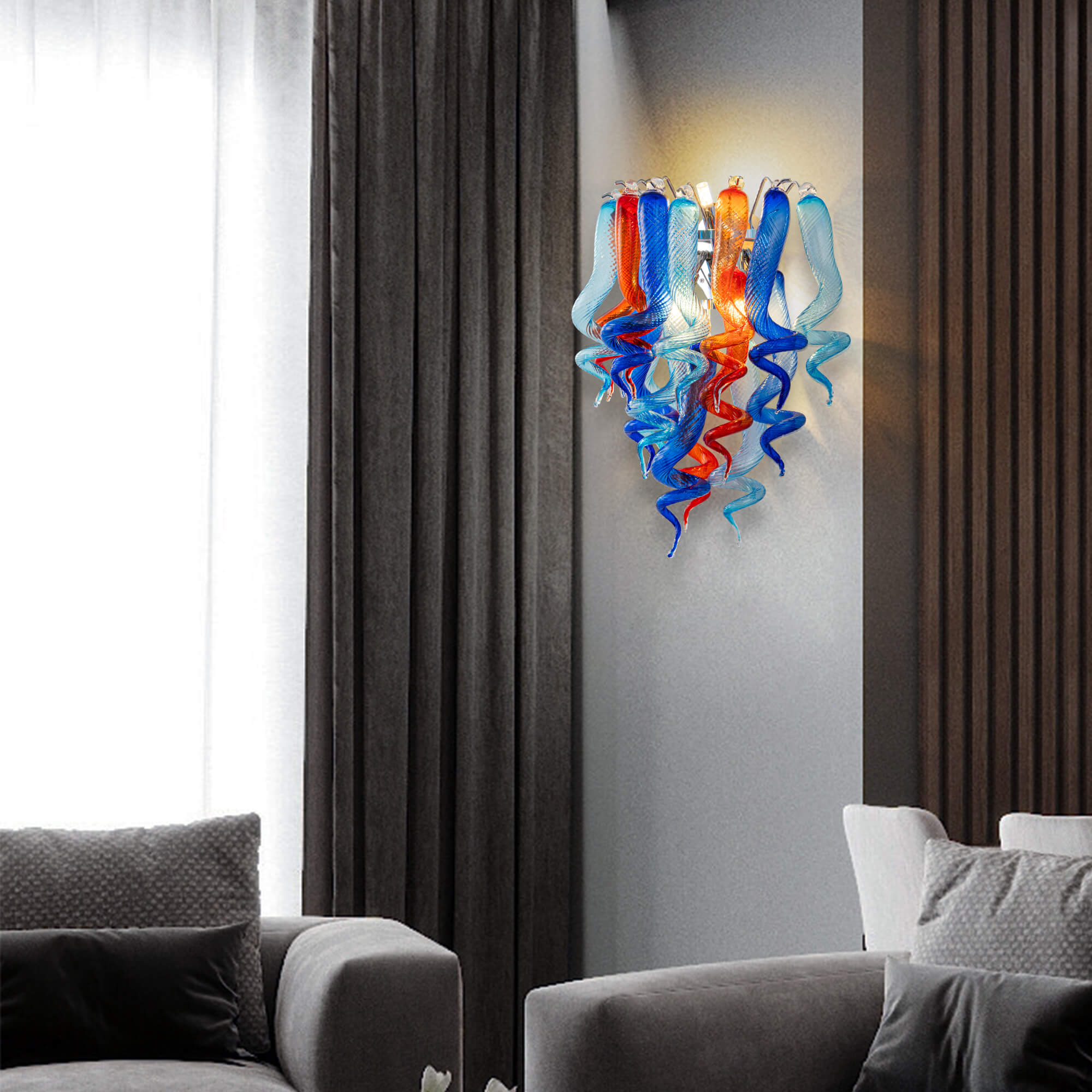 Stained Glass Sconce Chihuly Style Murano Glass (Dark Blue Light Blue Orange)