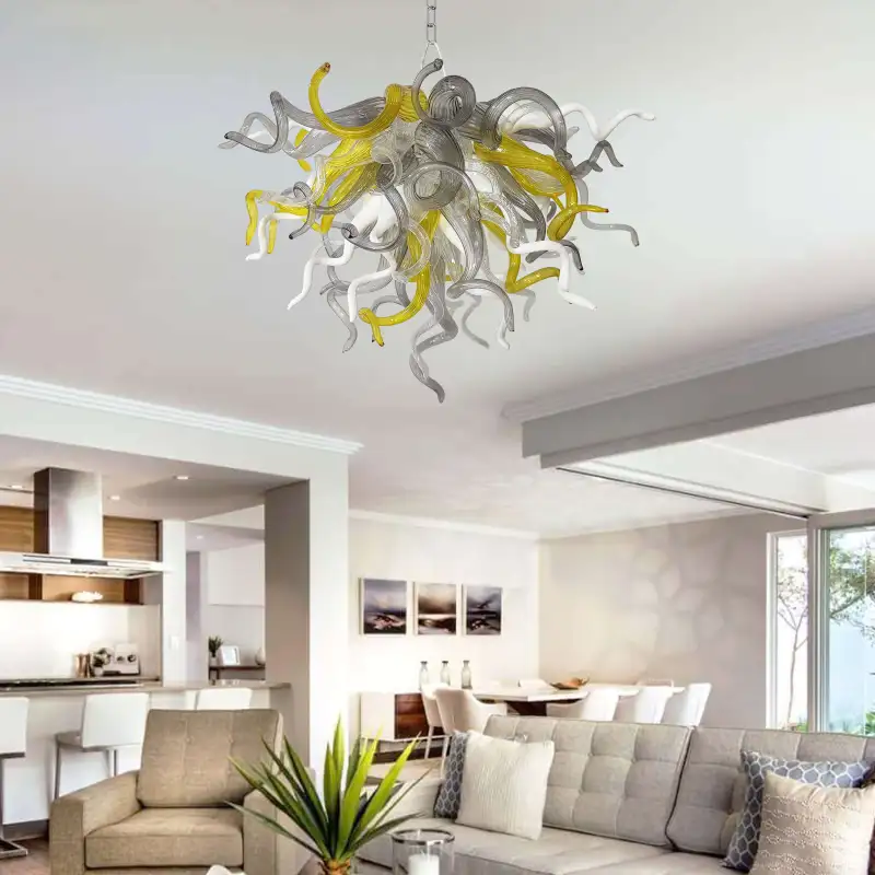Chihuly Style Chandelier Murano Glass (Yellow Clear Gray And White)