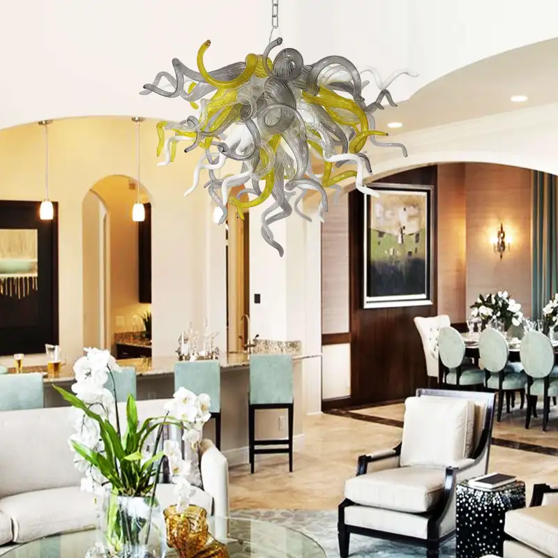 Chihuly Style Chandelier Murano Glass (Yellow Clear Gray And White)