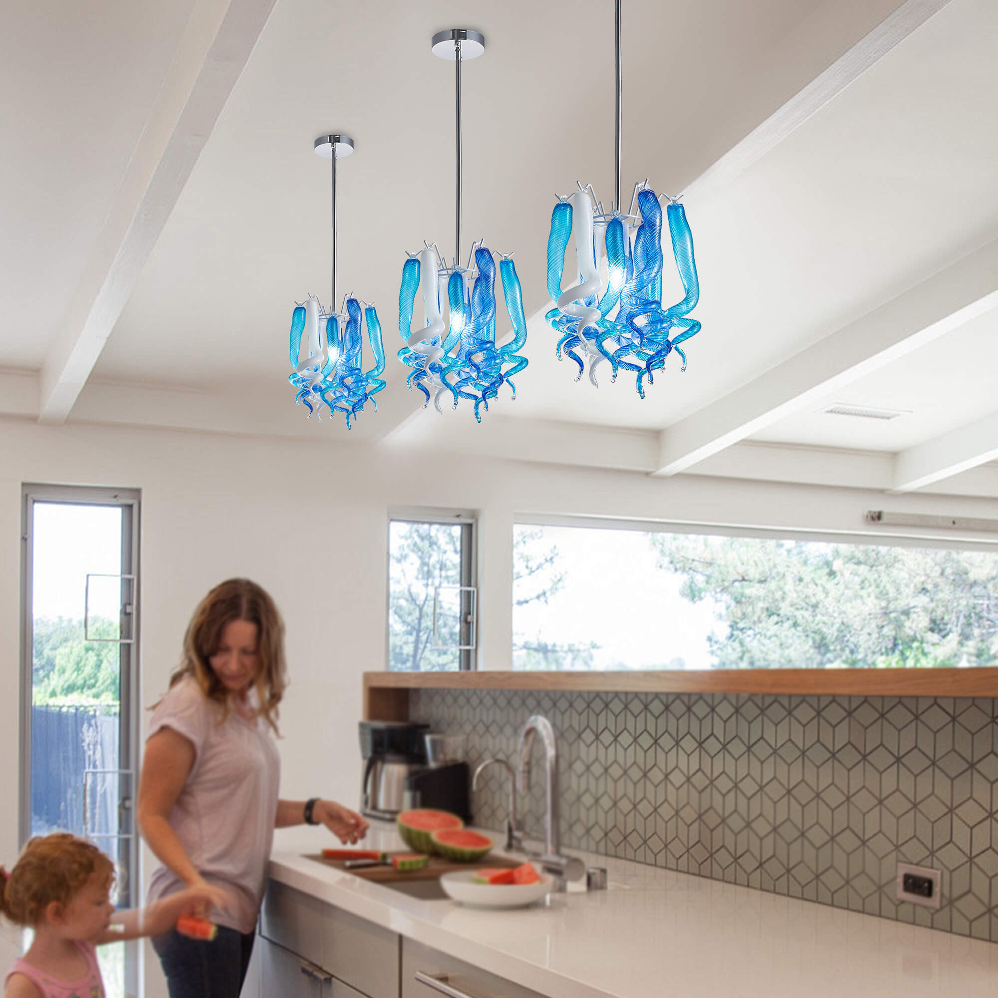 Murano Glass Light Pendant Small Decorative Lamp （Blue And White）