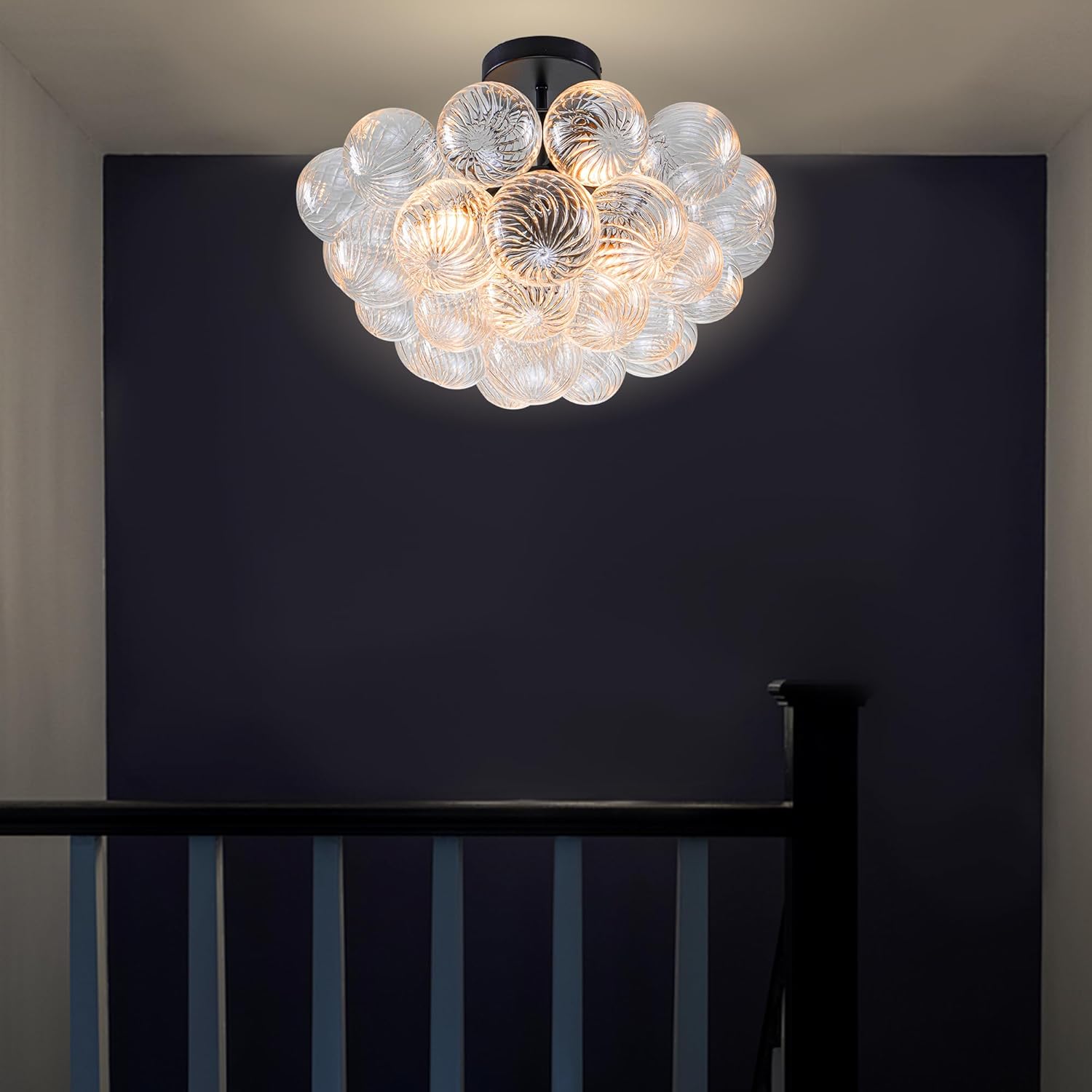 Modern Bubble Chandelier Black Finish and Clear Ribbed Blown Glass