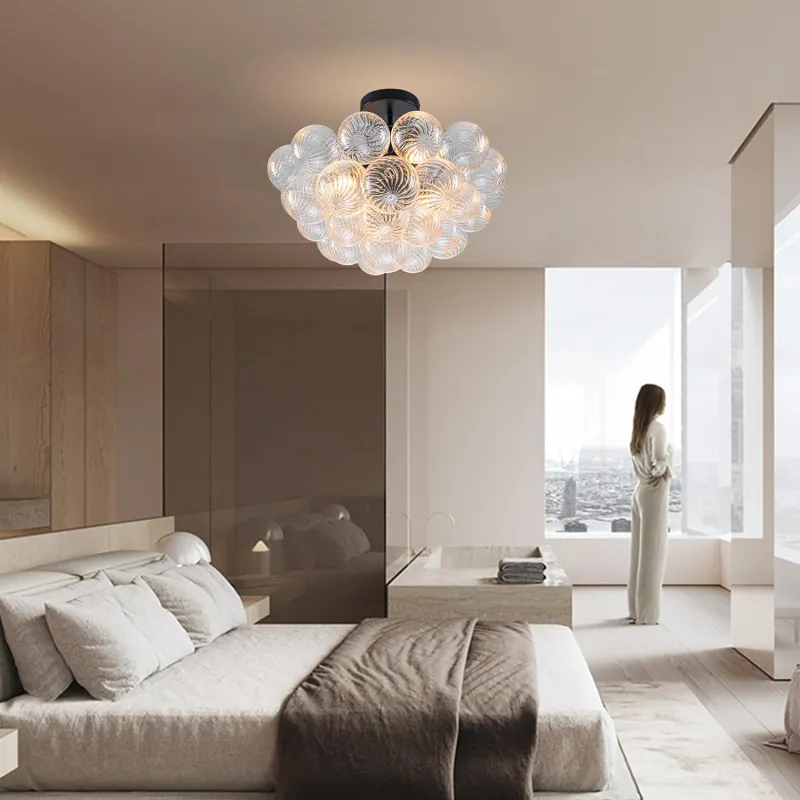 Modern Bubble Chandelier Black Finish and Clear Ribbed Blown Glass