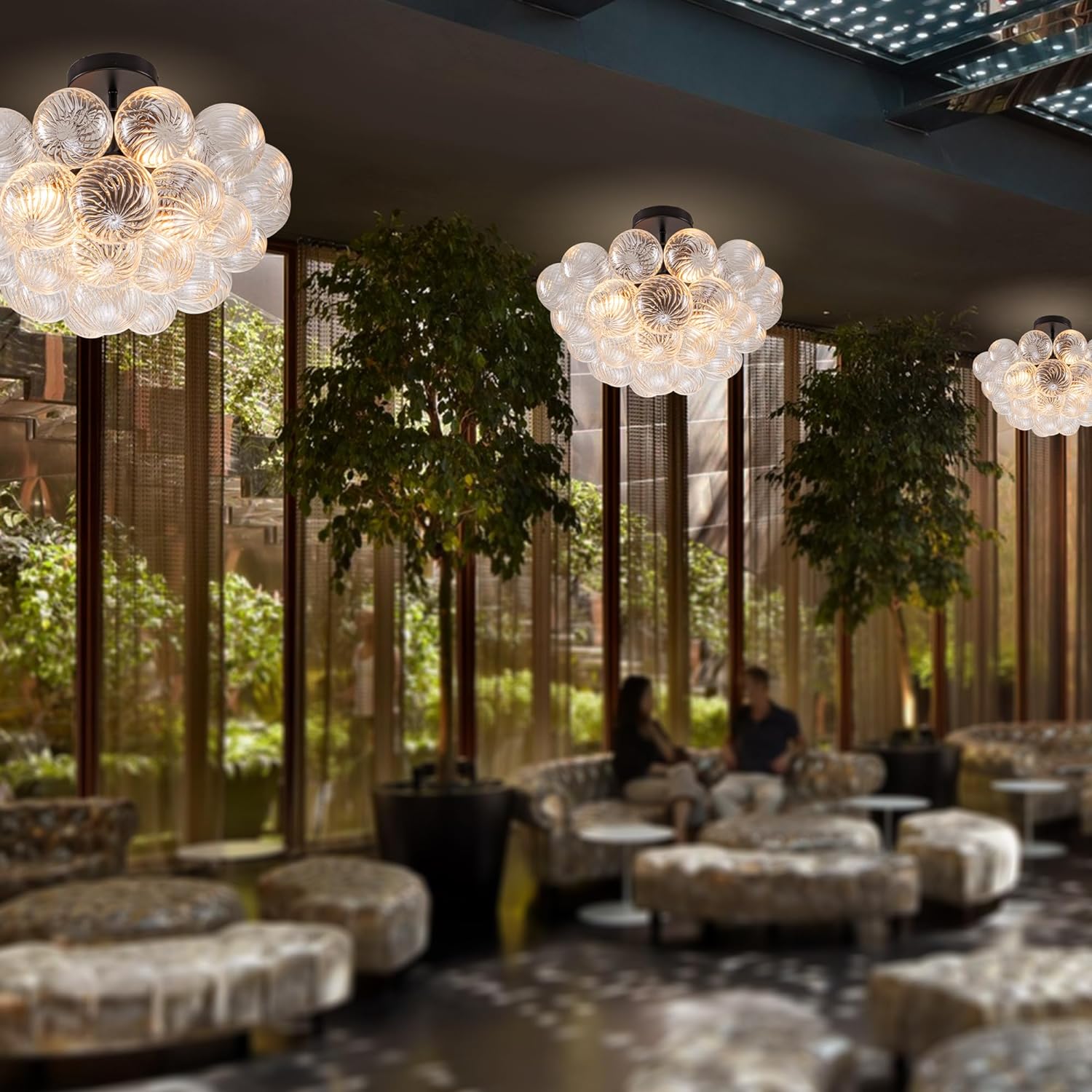 Modern Bubble Chandelier Black Finish and Clear Ribbed Blown Glass