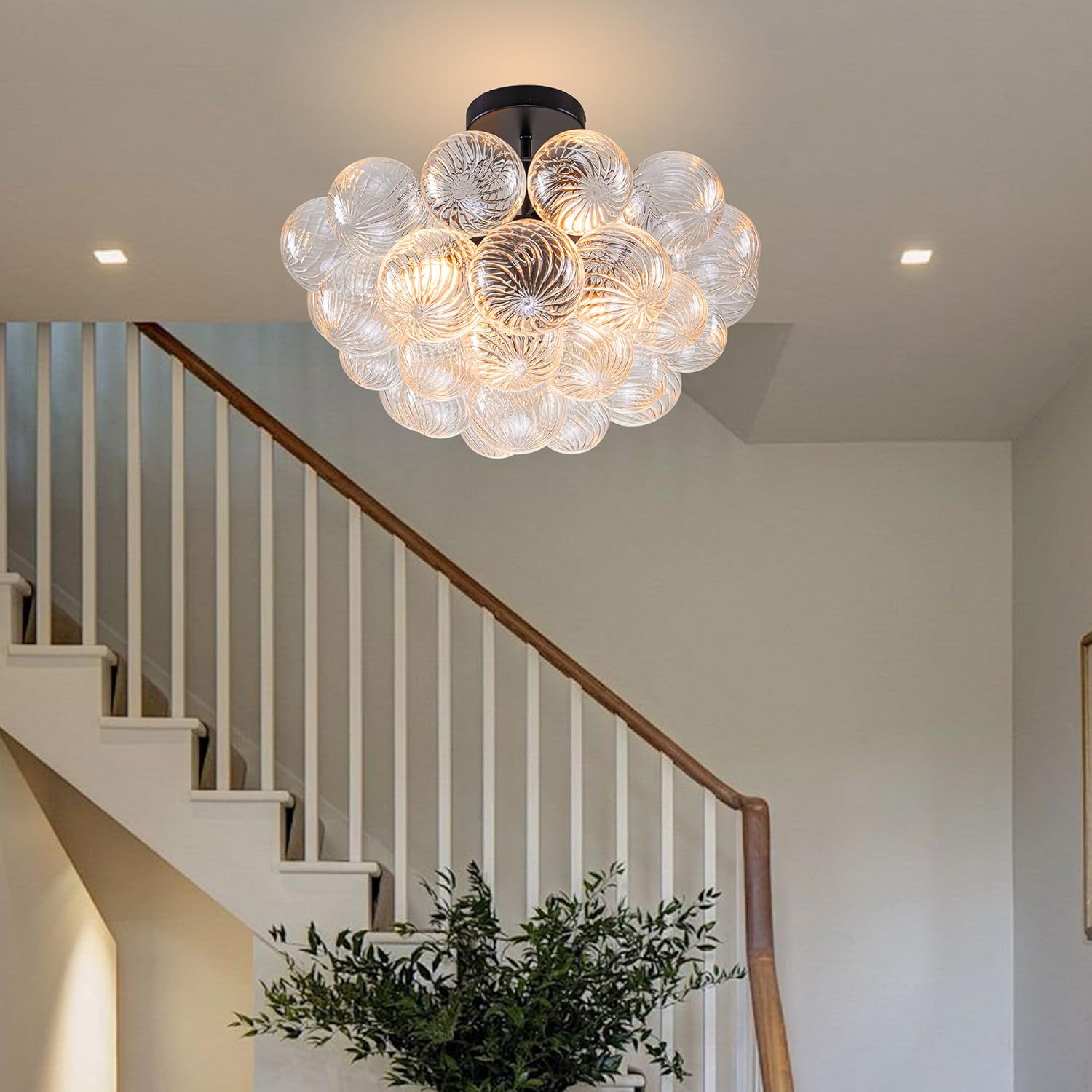 Modern Bubble Chandelier Black Finish and Clear Ribbed Blown Glass