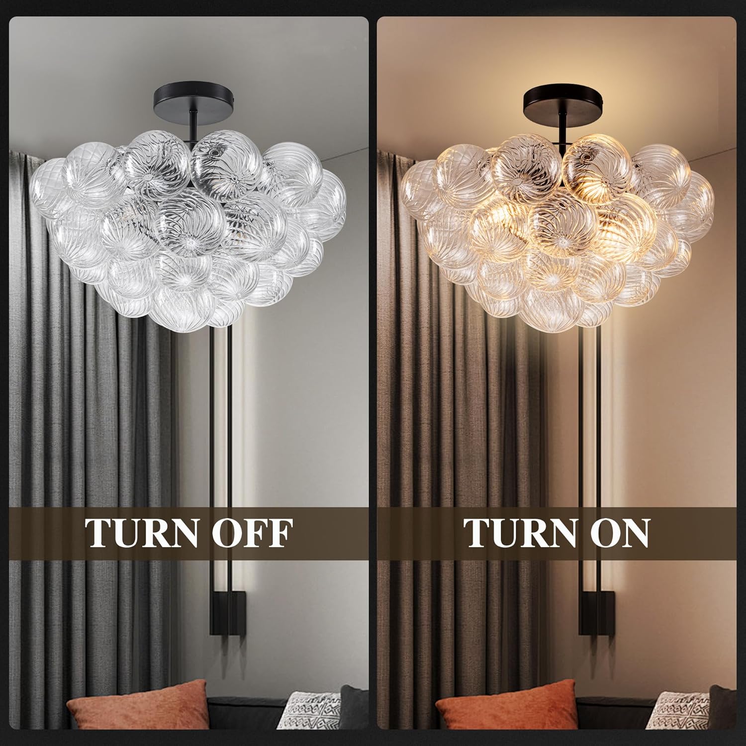 Modern Bubble Chandelier Black Finish and Clear Ribbed Blown Glass