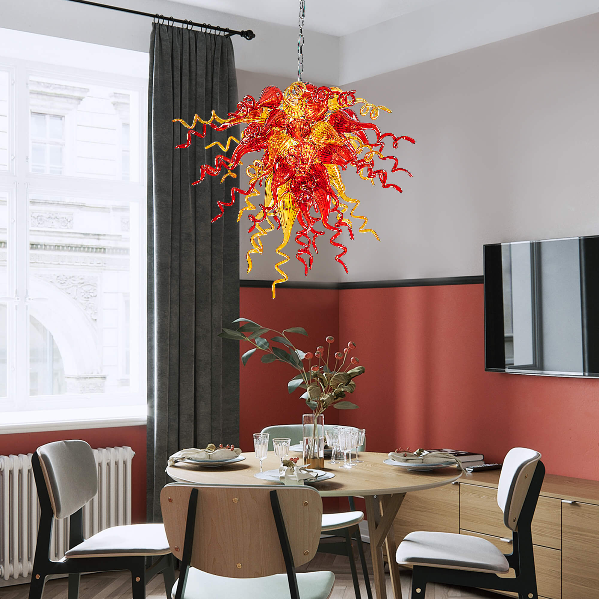 Chihuly Style Chandelier Hand Blown Glass Chandelier (Christmas Limited Edition Amber With Red)