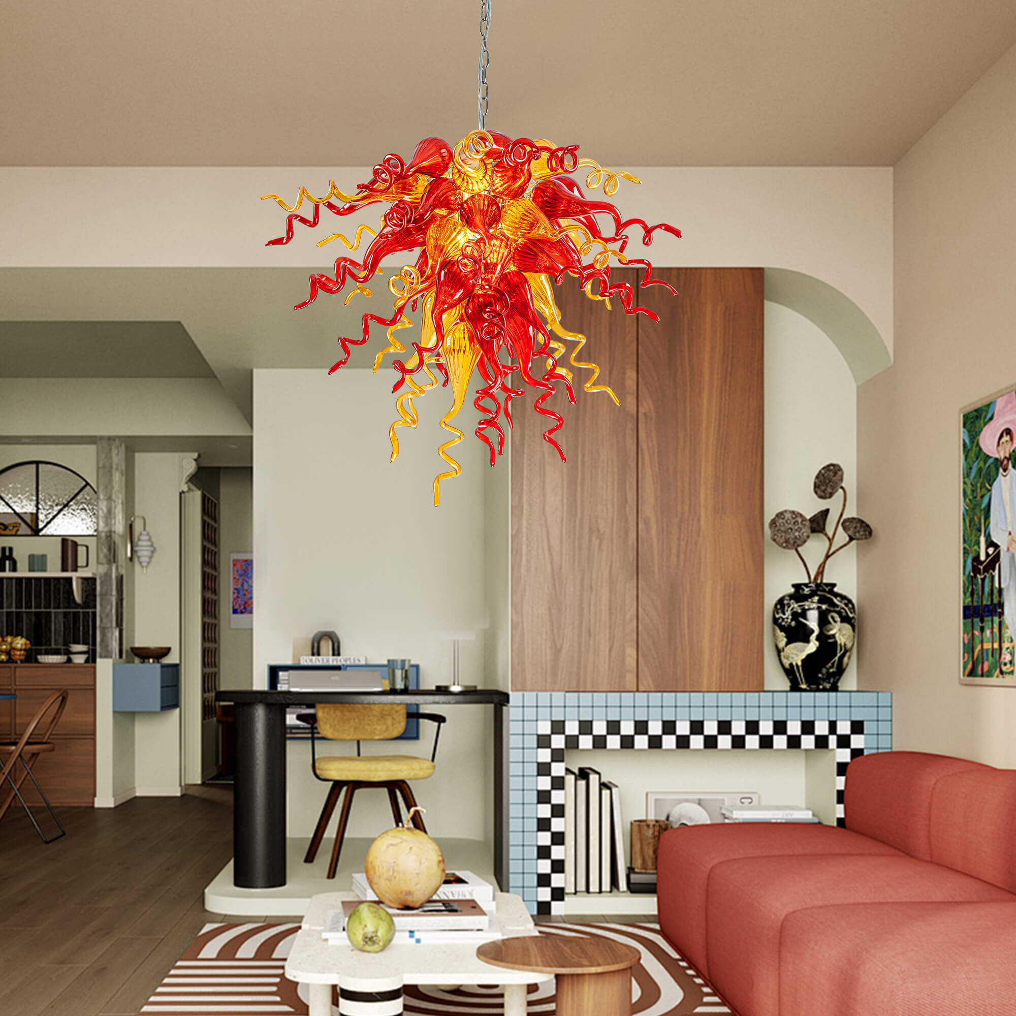 Chihuly Style Chandelier Hand Blown Glass Chandelier (Christmas Limited Edition Amber With Red)