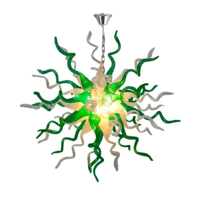 Hand Blown Glass Chandelier Chihuly Style Chandelier For Sale (Green And White) 01
