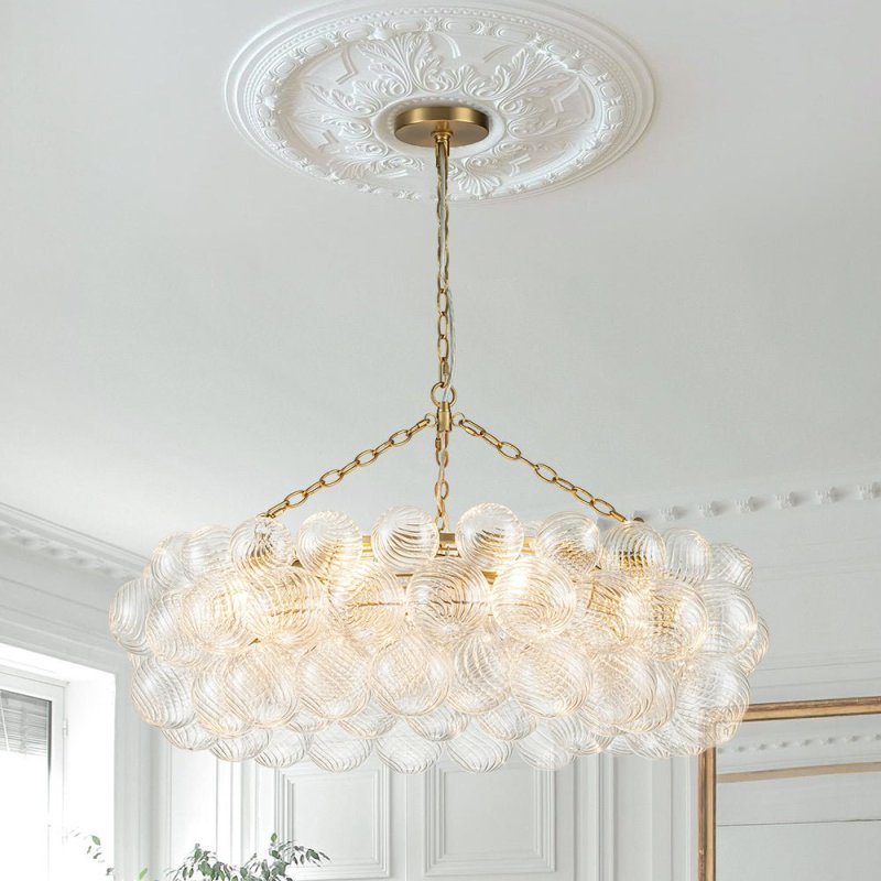Large Modern Bubble Chandelier Brass Finish Ribbed Glass Globe 