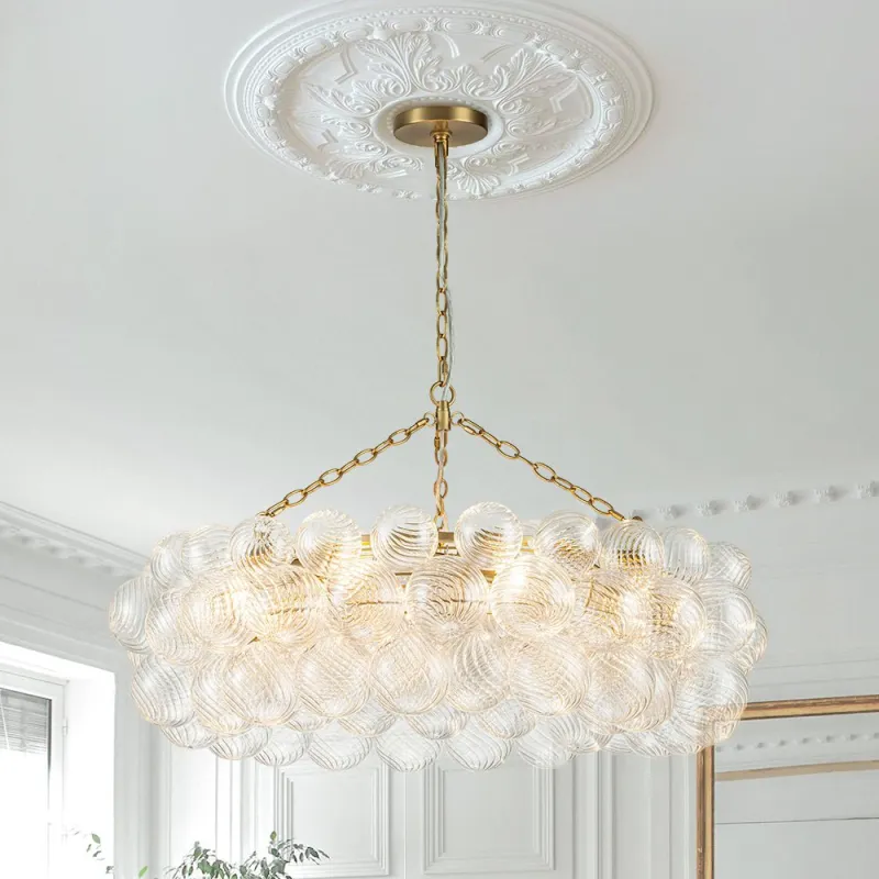 Large Modern Bubble Chandelier Brass Finish Ribbed Glass Globe 