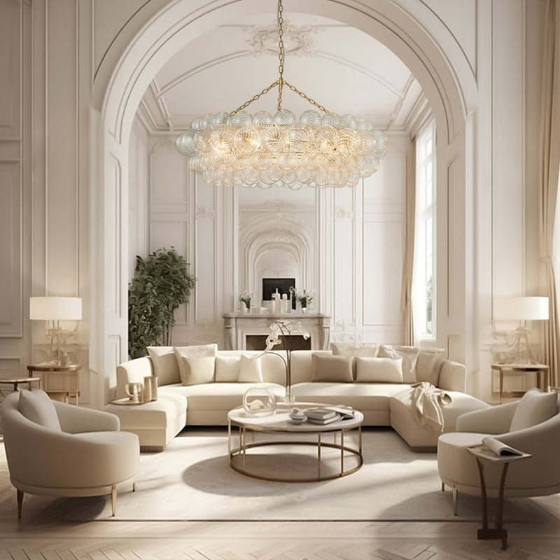 Large Modern Bubble Chandelier Brass Finish Ribbed Glass Globe 