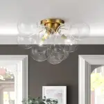 Clear Glass Globe Bubble Ceiling Light 3-Light Cluster Style Brass Finish